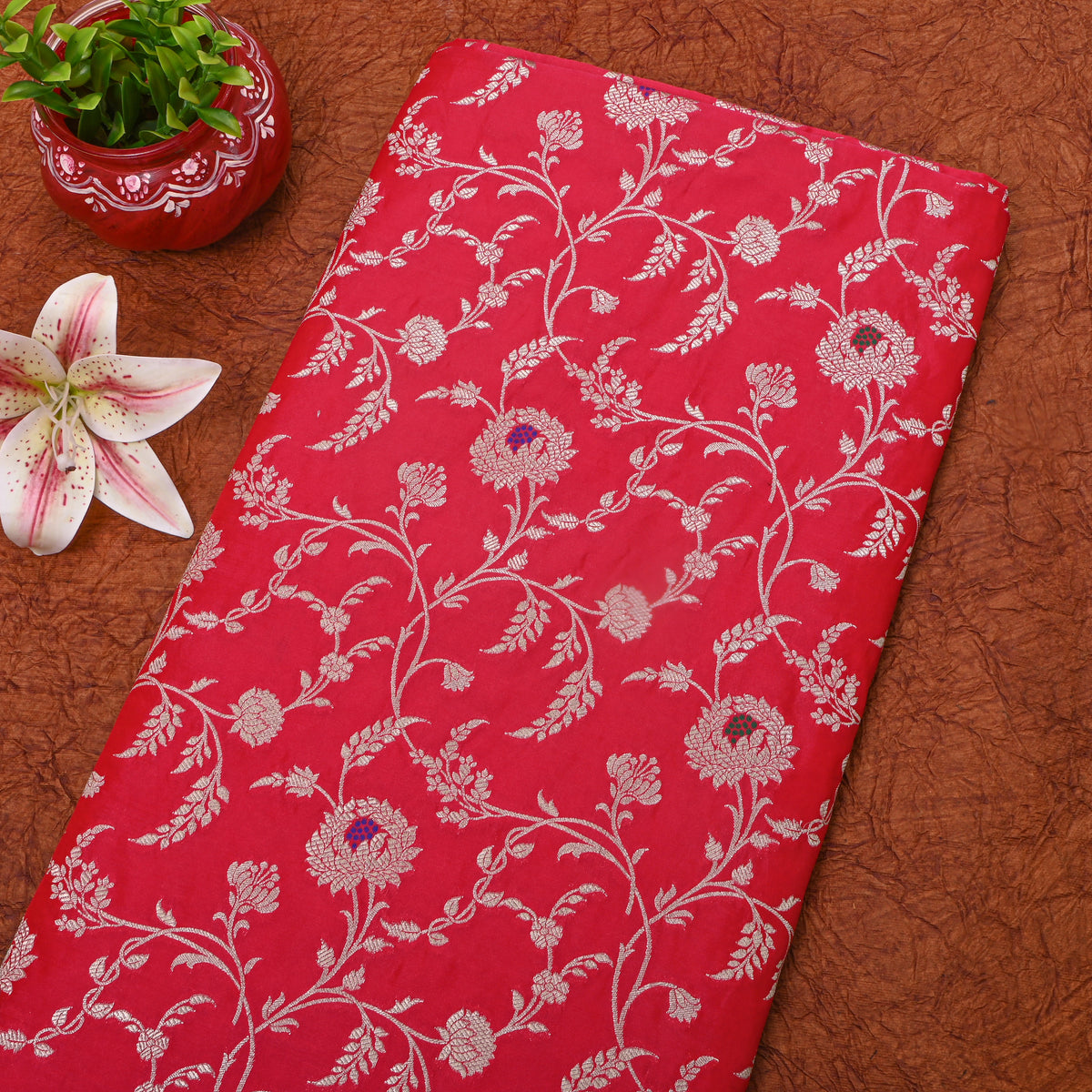 Red Silver Zari Floral Jaal Banarasi Silk Fabric