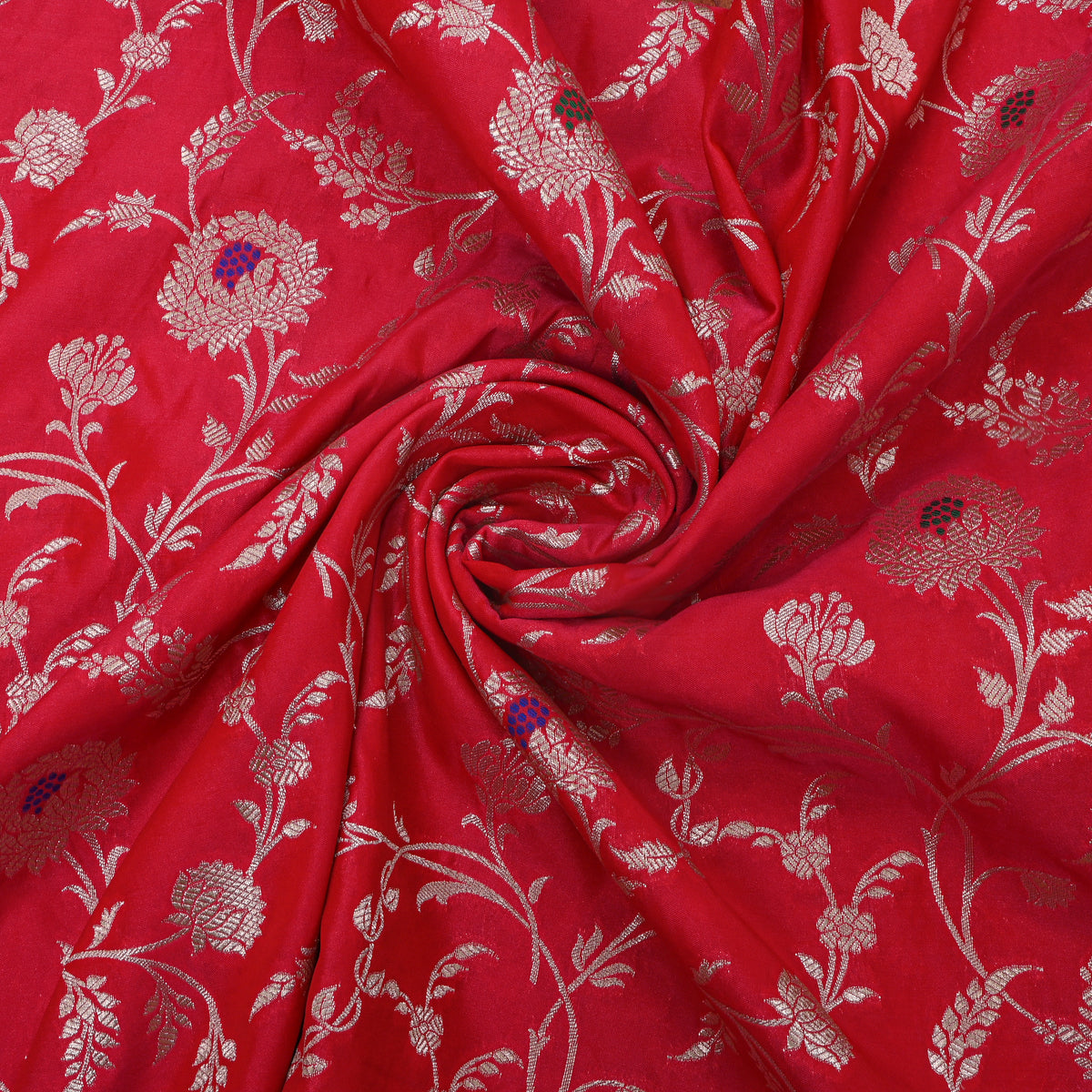 Red Silver Zari Floral Jaal Banarasi Silk Fabric