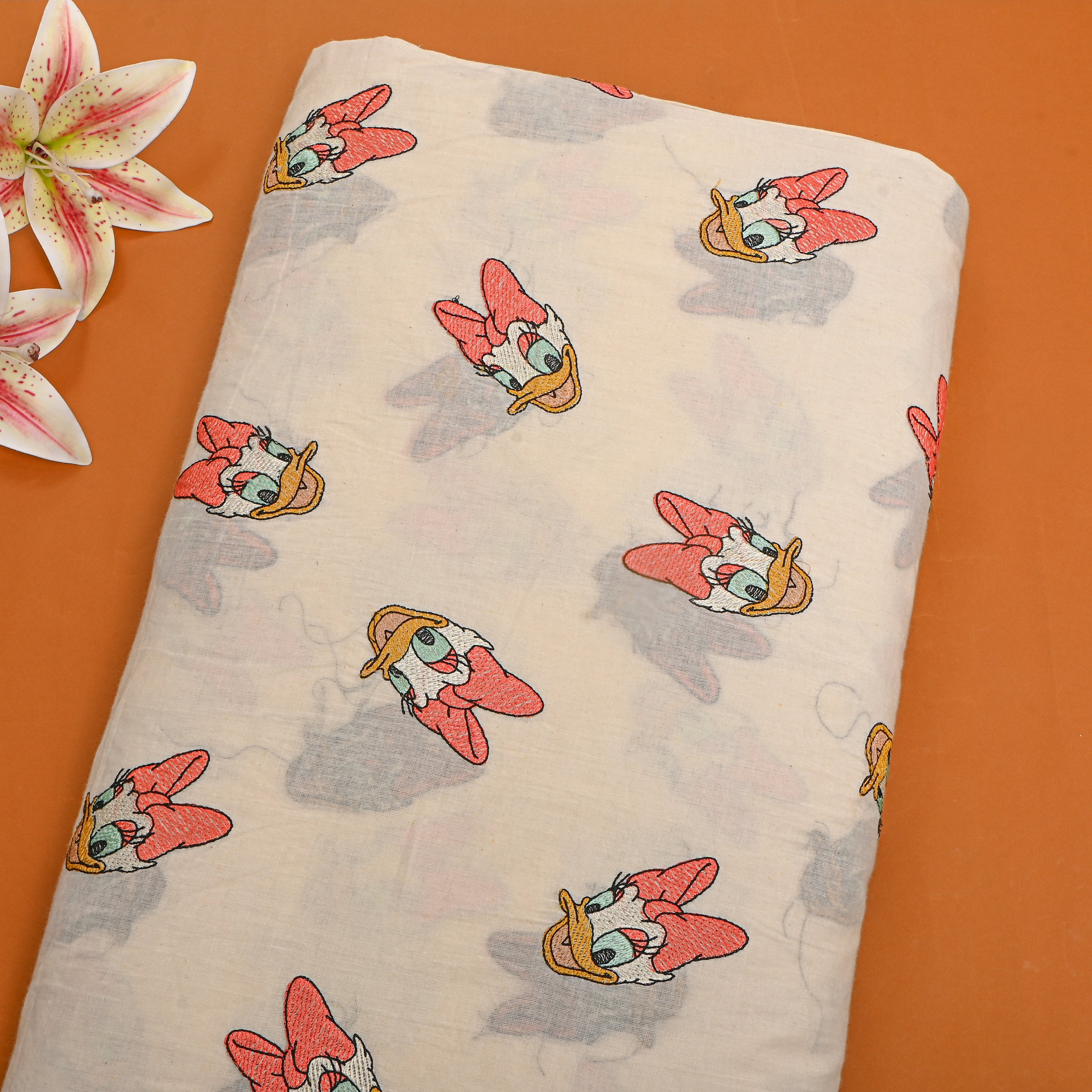 Cream Novelty Daisy Duck Thread Work Cotton