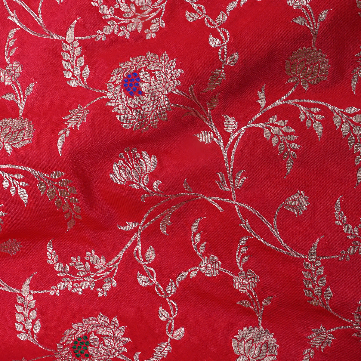 Red Silver Zari Floral Jaal Banarasi Silk Fabric