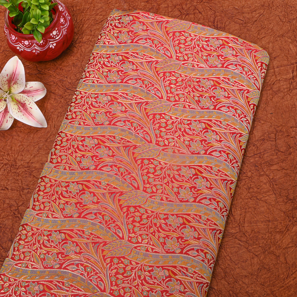 Marigold Orange Gold Zari Floral Vine Jamawar Silk Fabric