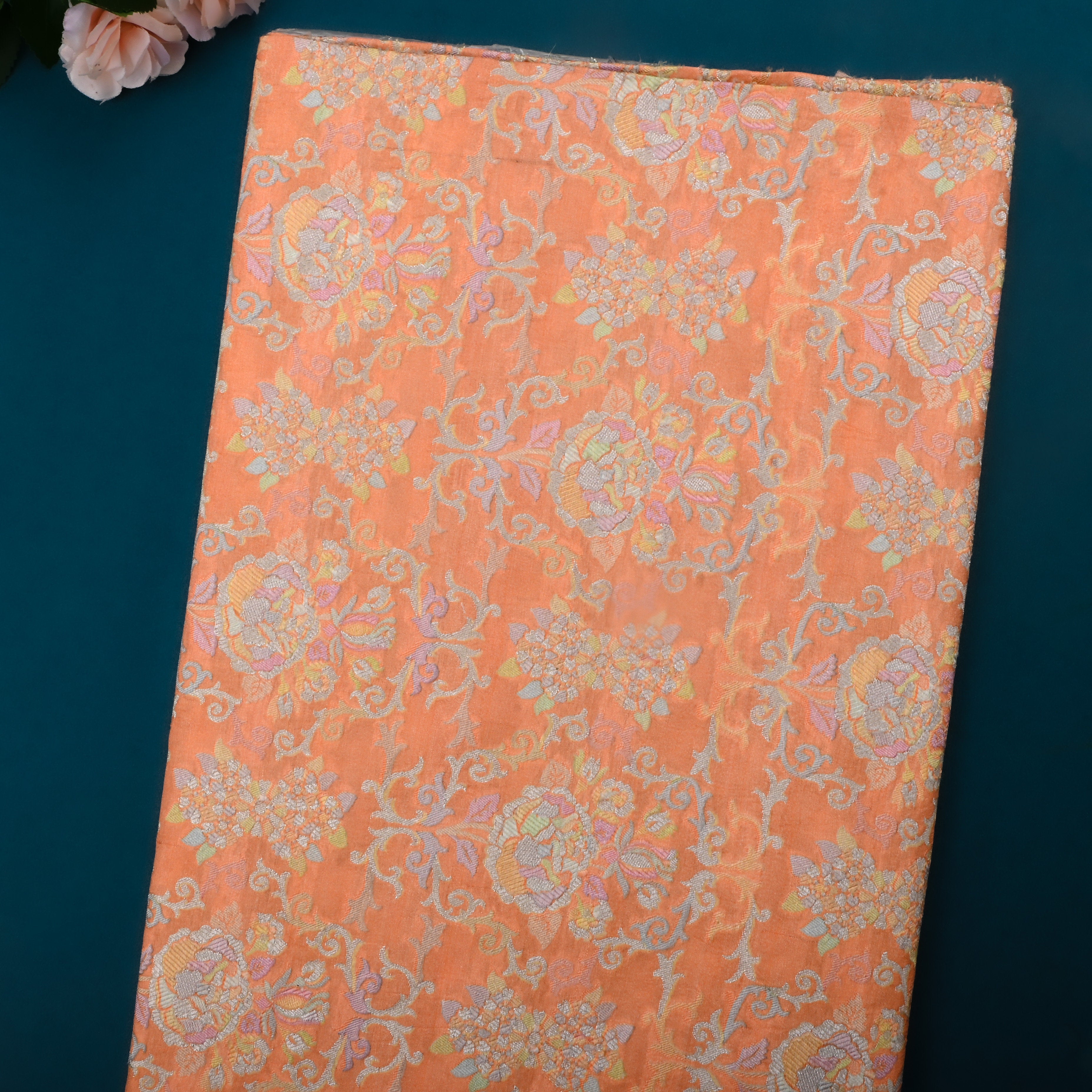 Light Orange Jamawar Silk Fabric With Floral Jaal