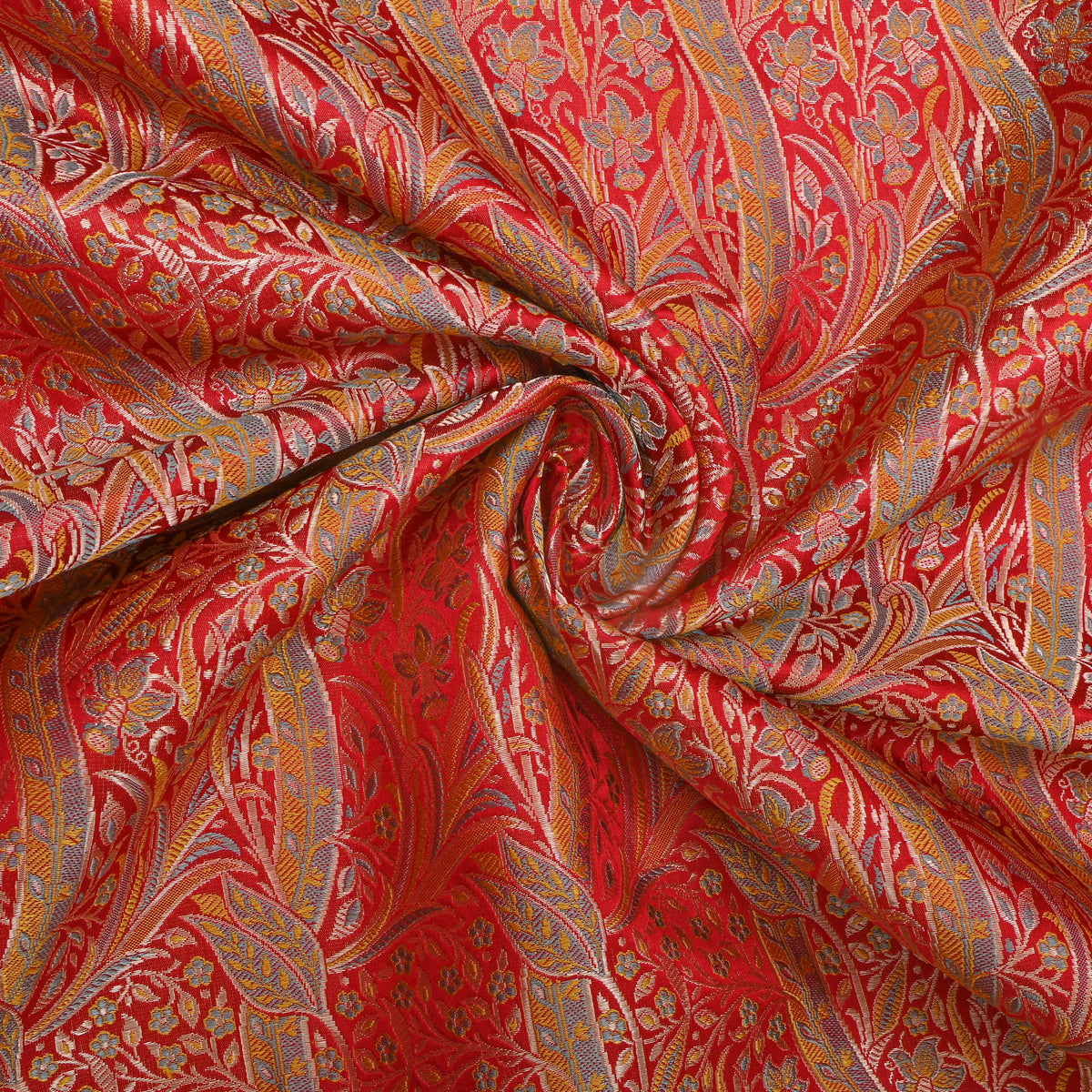 Marigold Orange Gold Zari Floral Vine Jamawar Silk Fabric