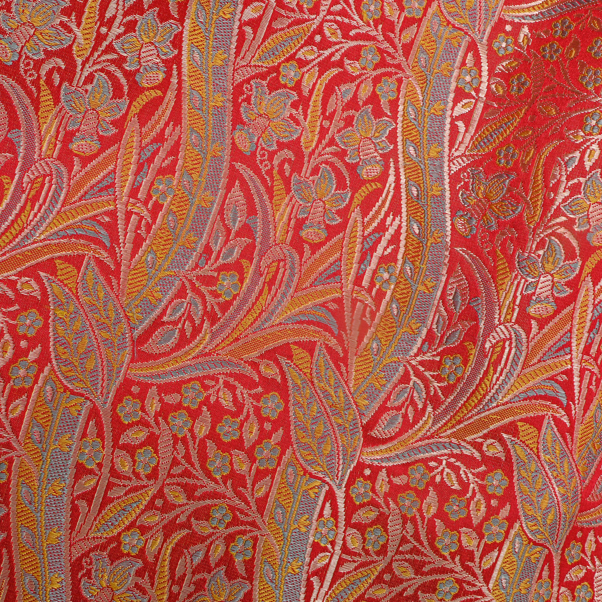 Marigold Orange Gold Zari Floral Vine Jamawar Silk Fabric
