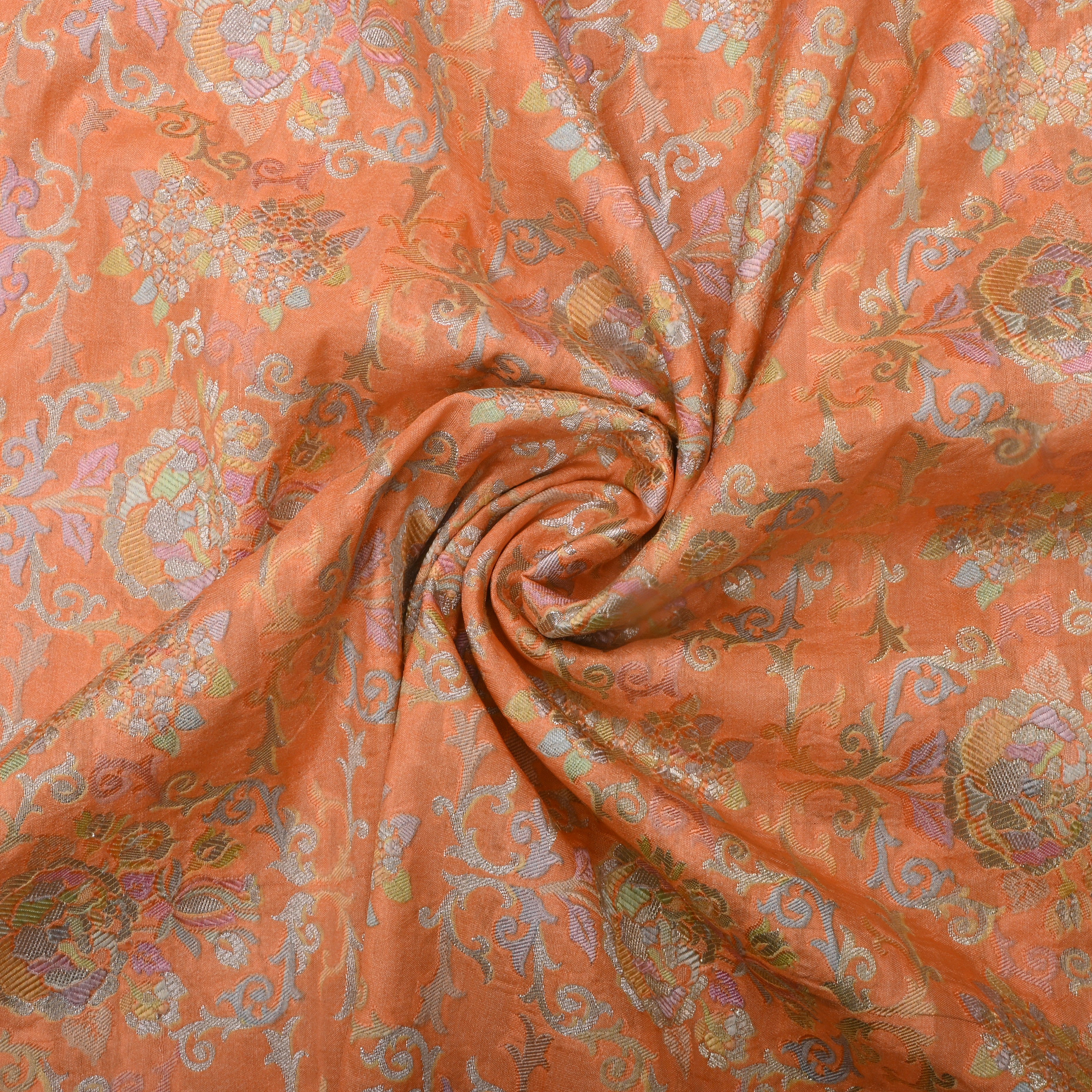 Light Orange Jamawar Silk Fabric With Floral Jaal