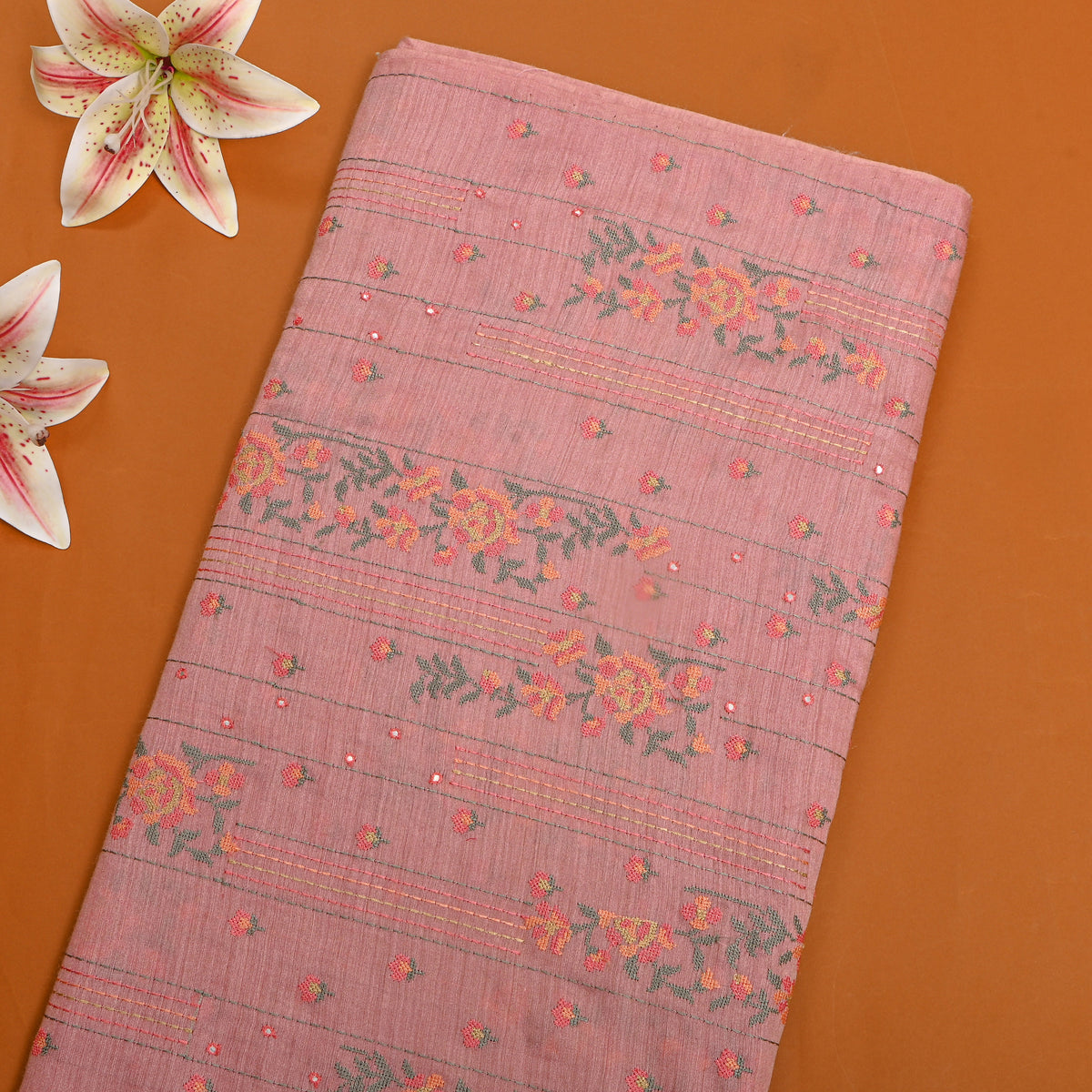 Pink Floral Thread Work Munga Tussar