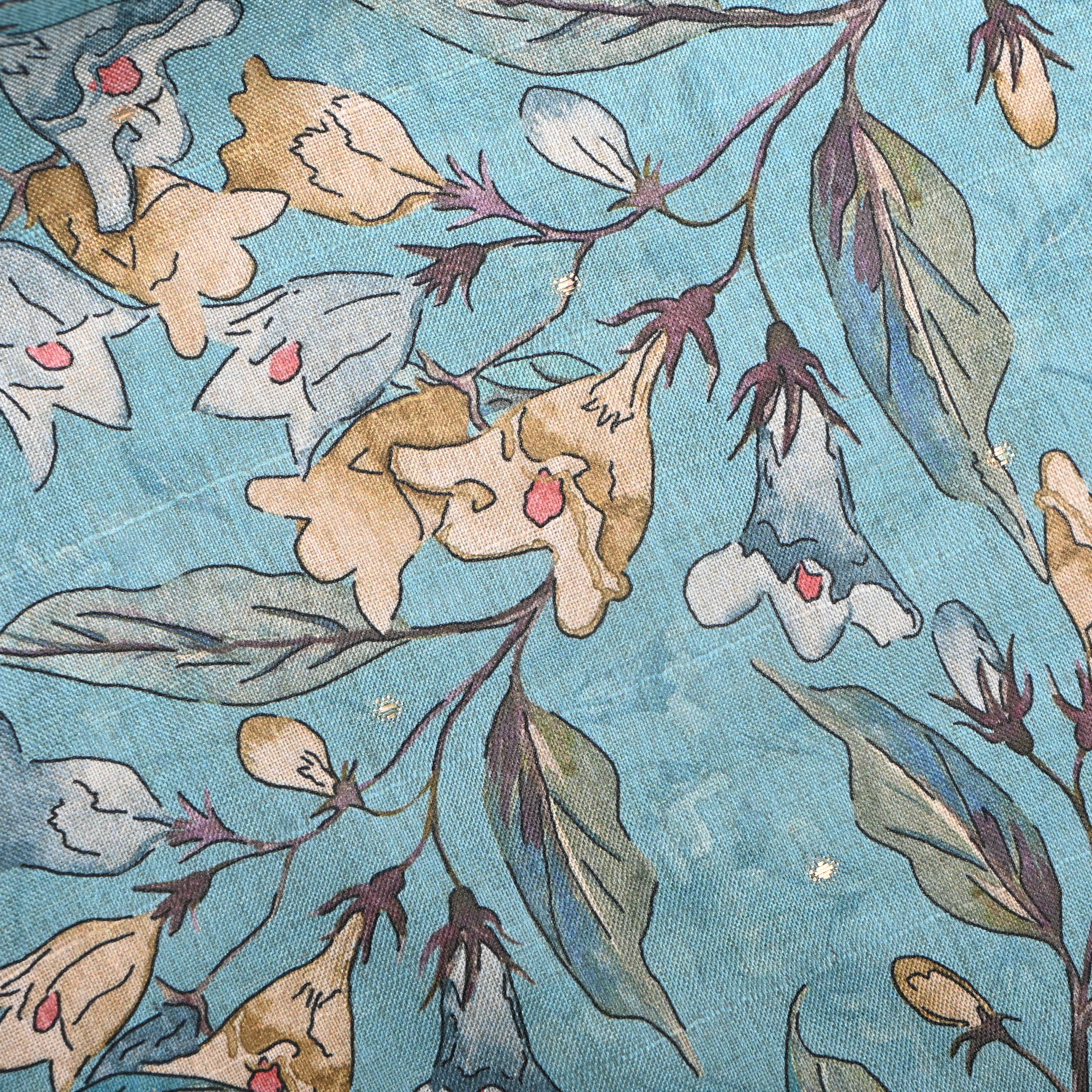 Sky Blue Tussar Fabric With Digital Prints