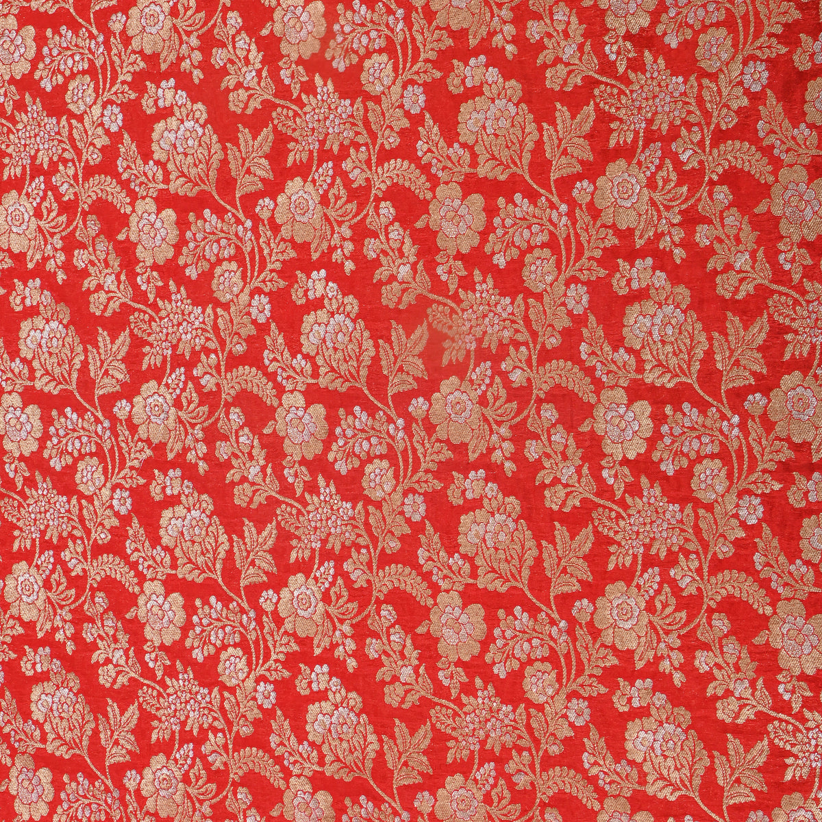 Red Dual Tone Zari Floral Jaal Jamawar Silk Fabric