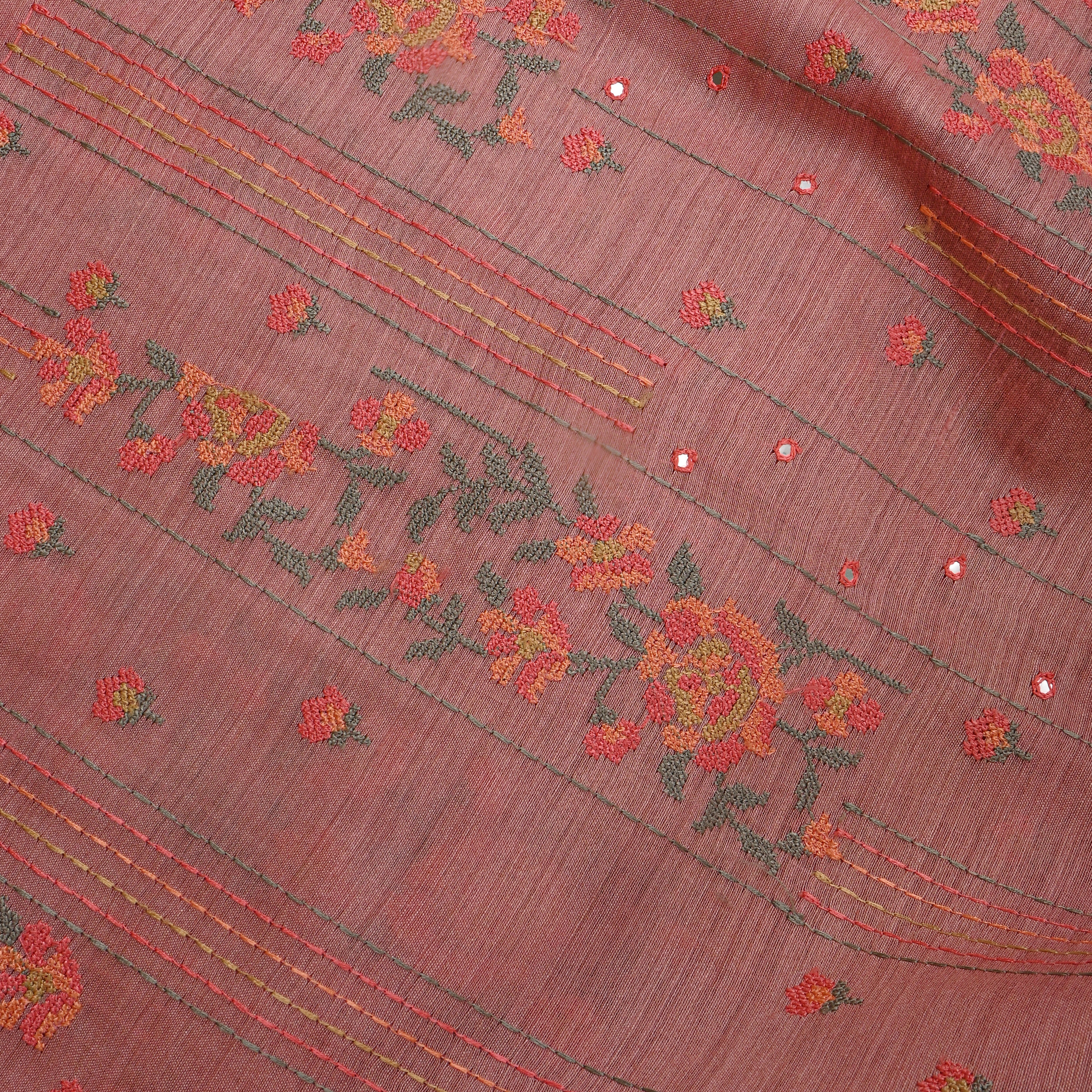 Pink Floral Thread Work Munga Tussar