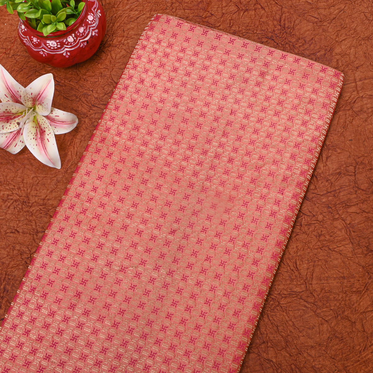 Pink Gold Zari Butti Jamawar Silk Fabric