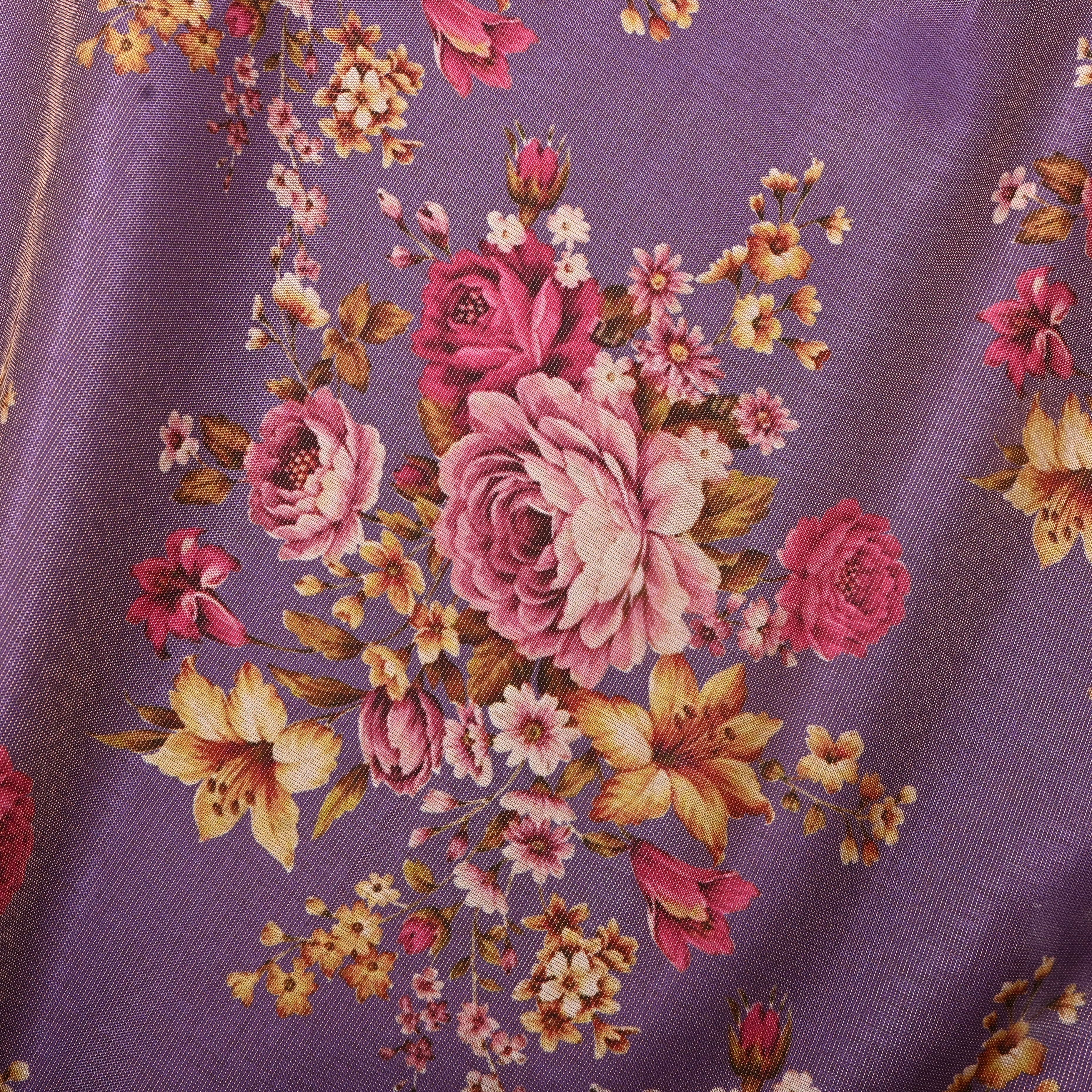 Amethyst Purple Tissue Fabric With Floral Prints