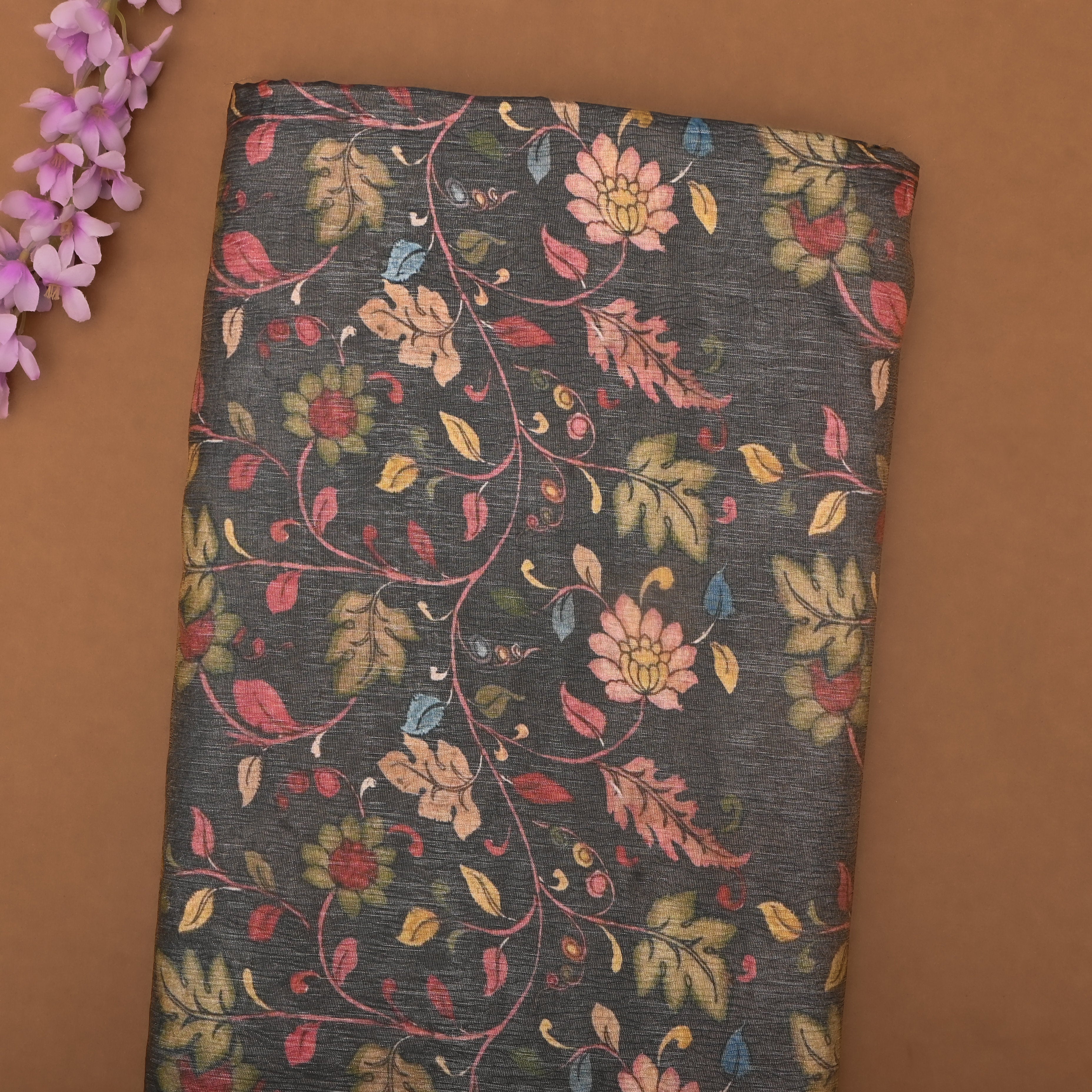 Black Tissue Fabric With Floral Prints
