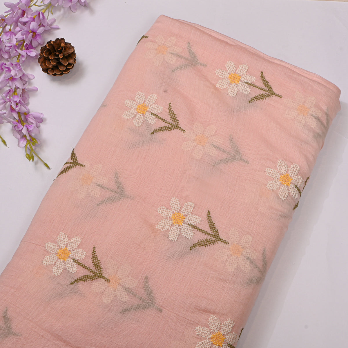 Apricot White Daisy Floral Thread Work Chanderi Fabric