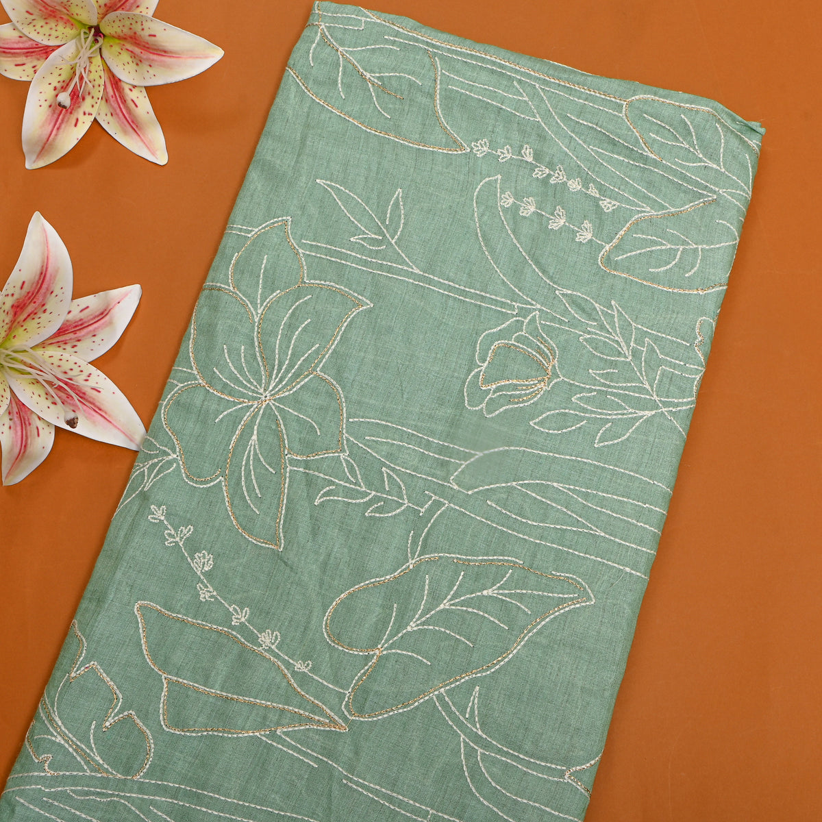 Green Floral Jaal Gold Zari Thread Work Munga Tussar Fabric