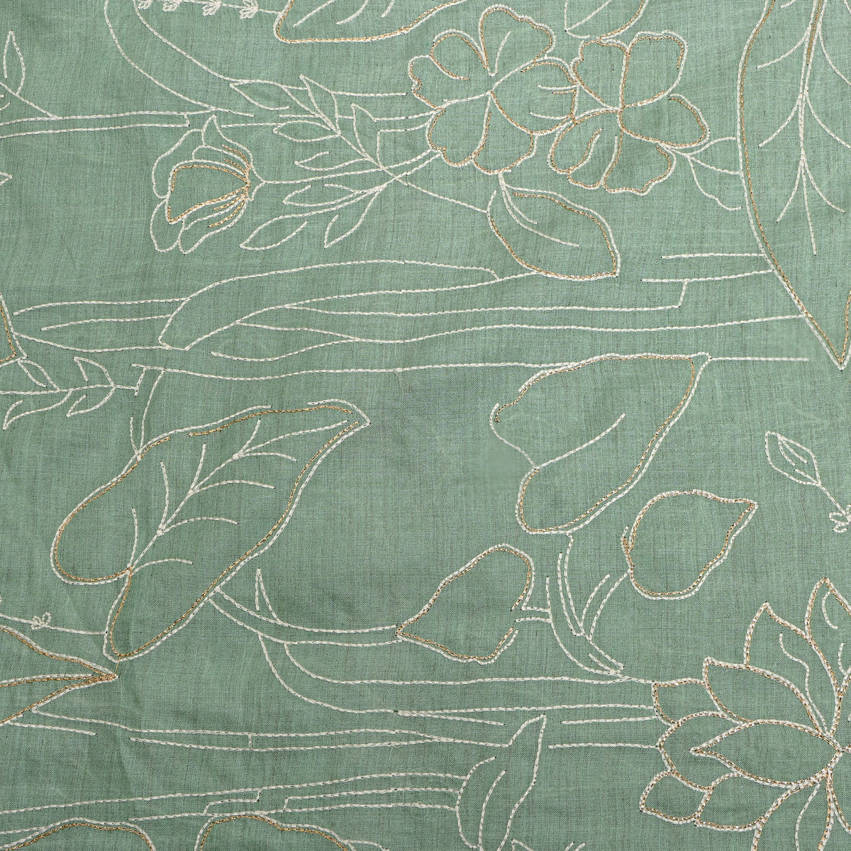 Green Floral Jaal Gold Zari Thread Work Munga Tussar Fabric