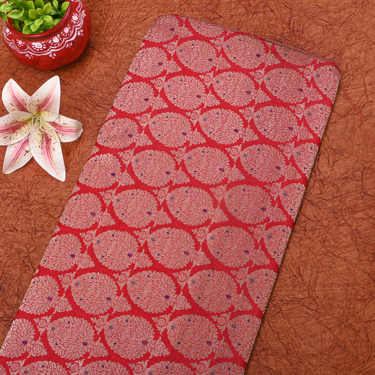 Scarlet Red Gold Zari Brocade Jamawar Silk Fabric