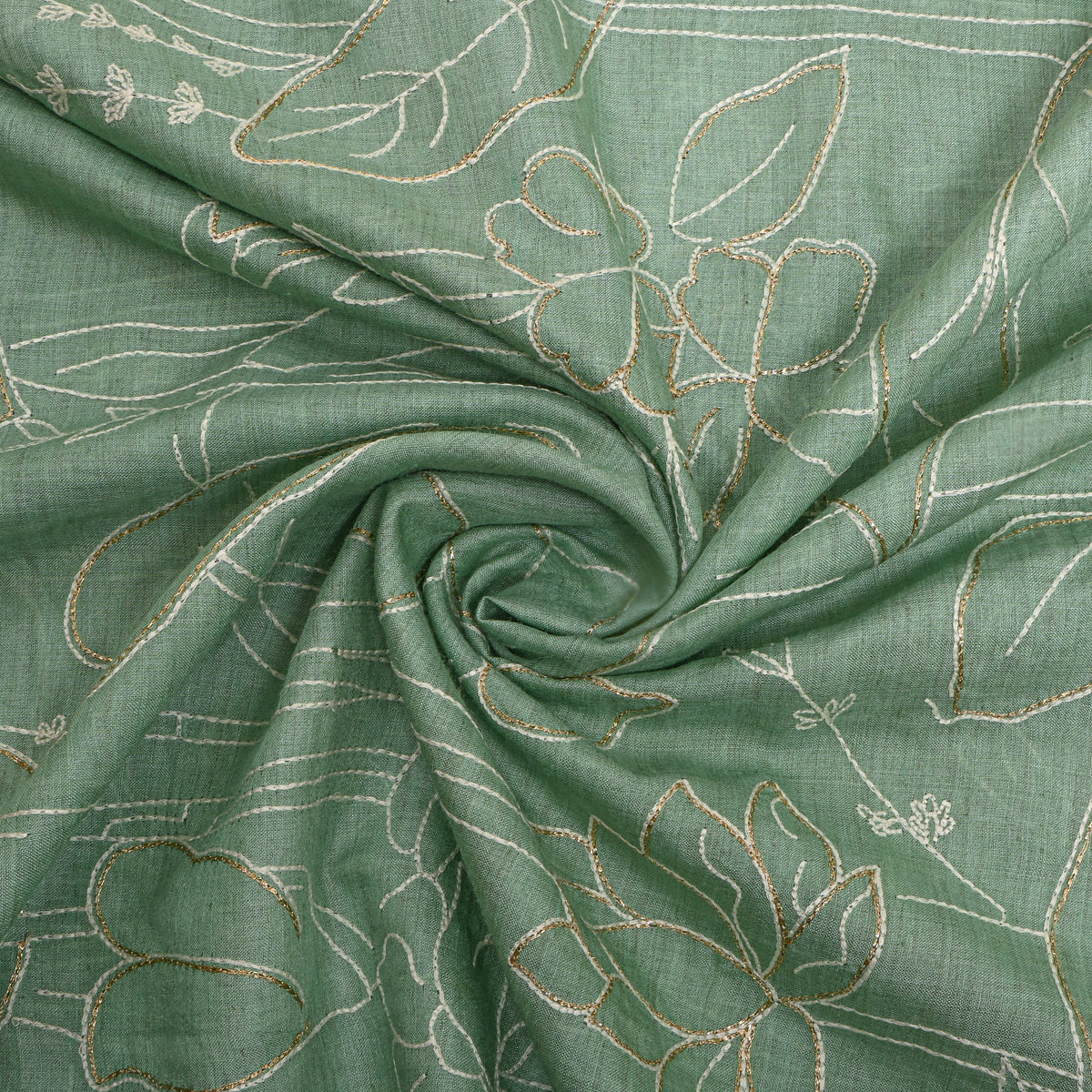 Green Floral Jaal Gold Zari Thread Work Munga Tussar Fabric