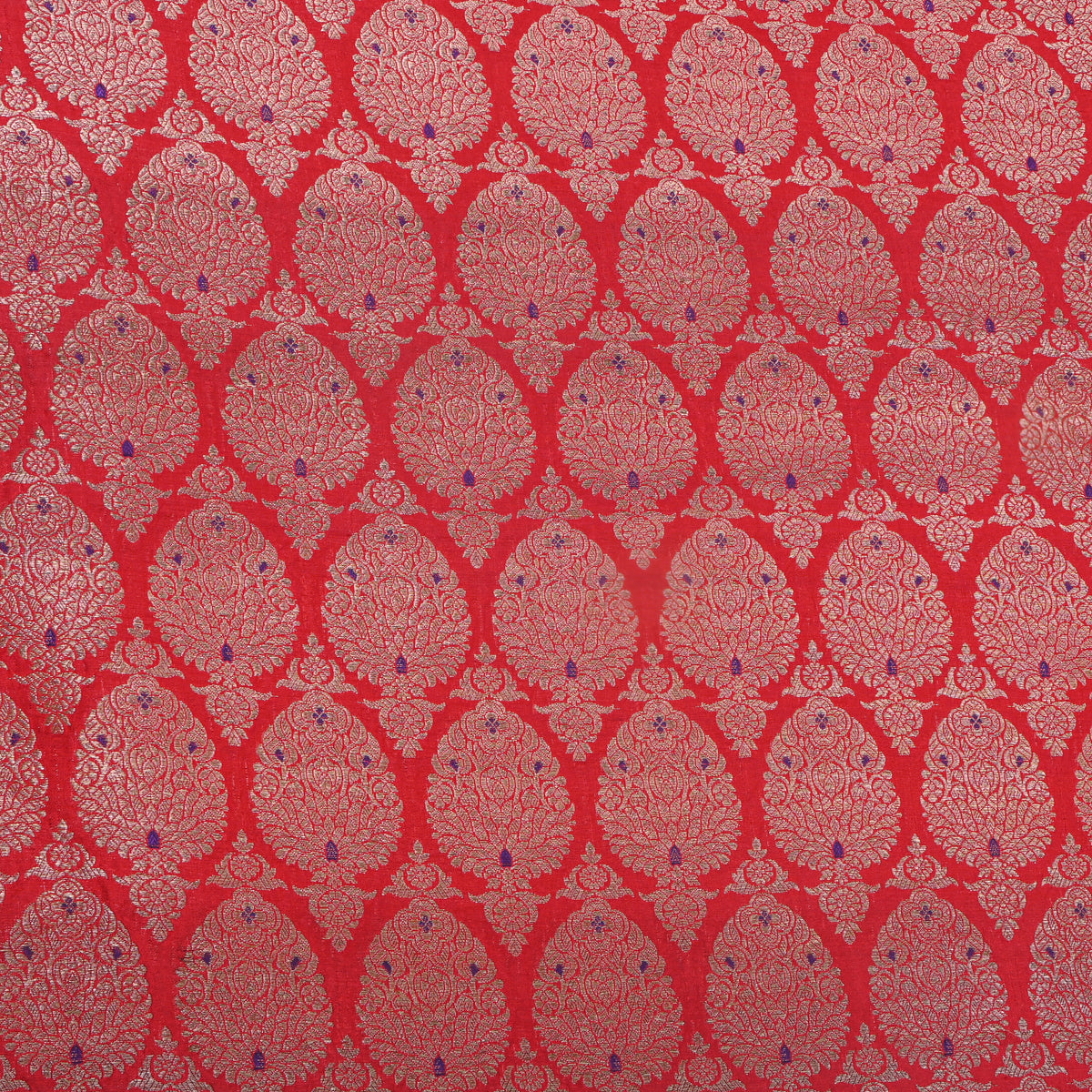 Scarlet Red Gold Zari Brocade Jamawar Silk Fabric