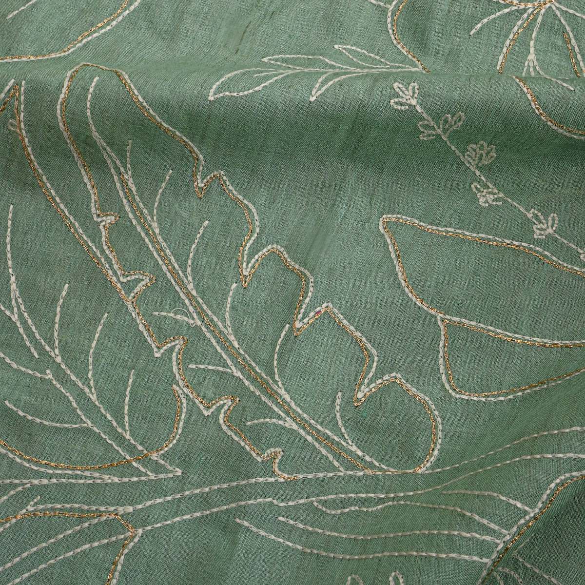 Green Floral Jaal Gold Zari Thread Work Munga Tussar Fabric