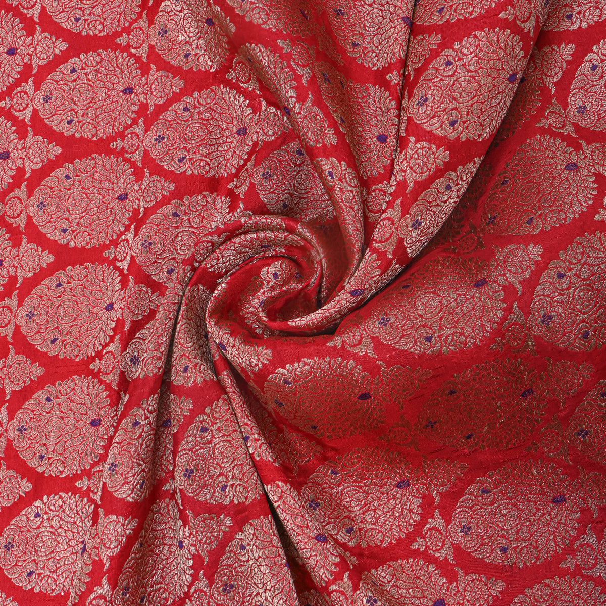 Scarlet Red Gold Zari Brocade Jamawar Silk Fabric