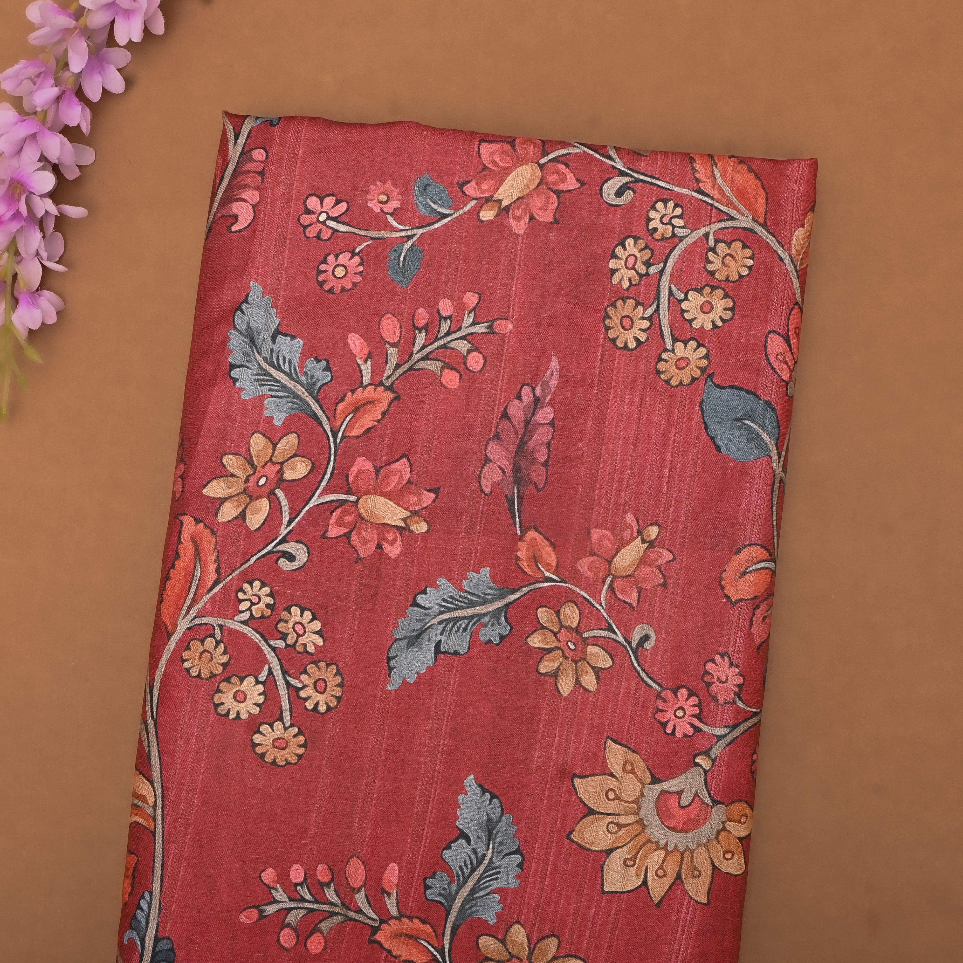 Red Tussar Fabric With Floral Prints