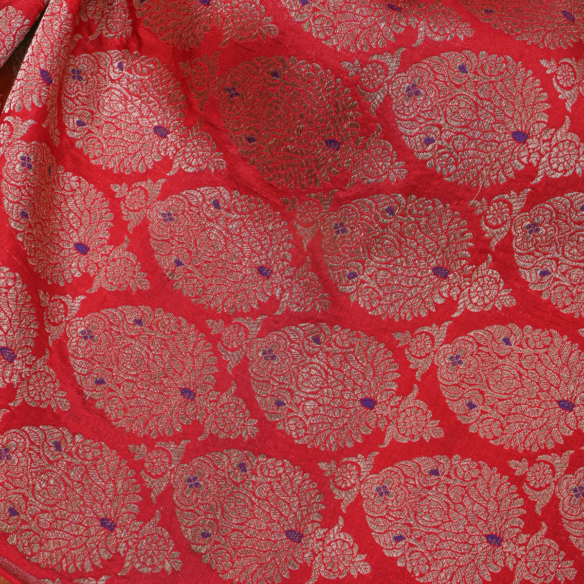 Scarlet Red Gold Zari Brocade Jamawar Silk Fabric