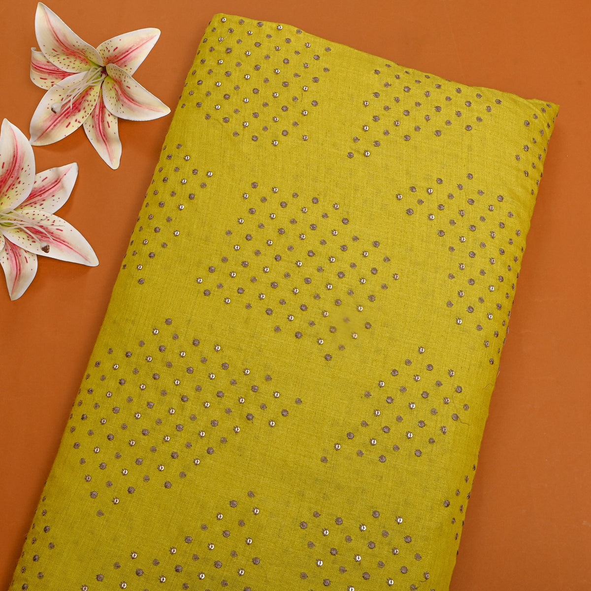 Mustard Yellow Geometric Thread Work Tussar Fabric