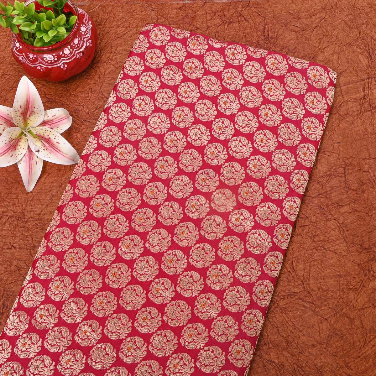 Red Gold Floral Butti Jamawar Silk Fabric