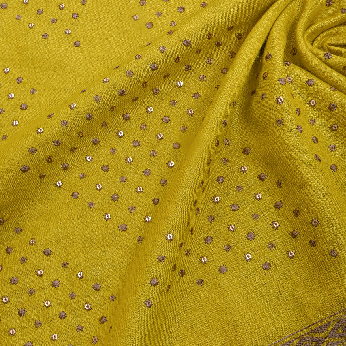 Mustard Yellow Geometric Thread Work Tussar Fabric
