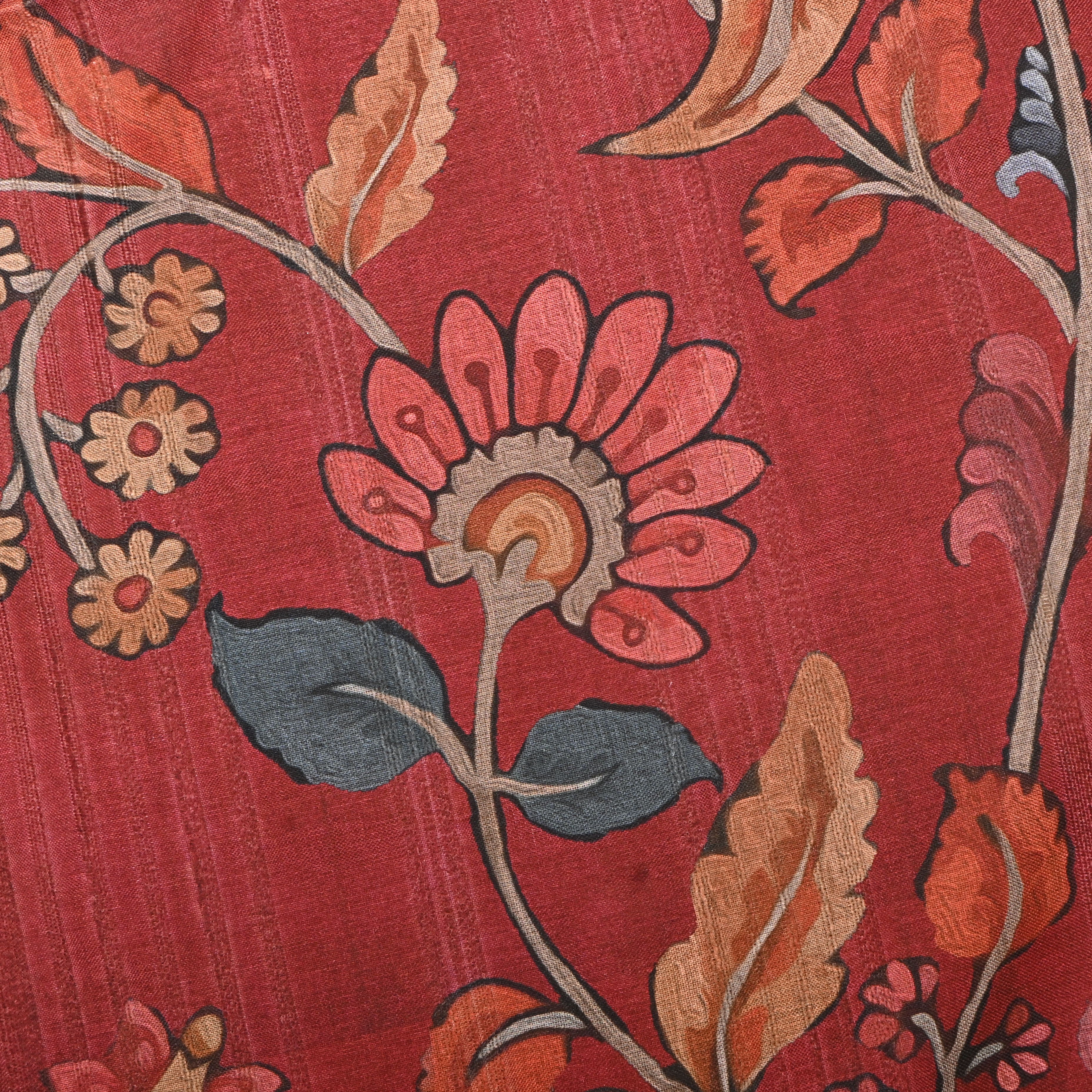 Red Tussar Fabric With Floral Prints