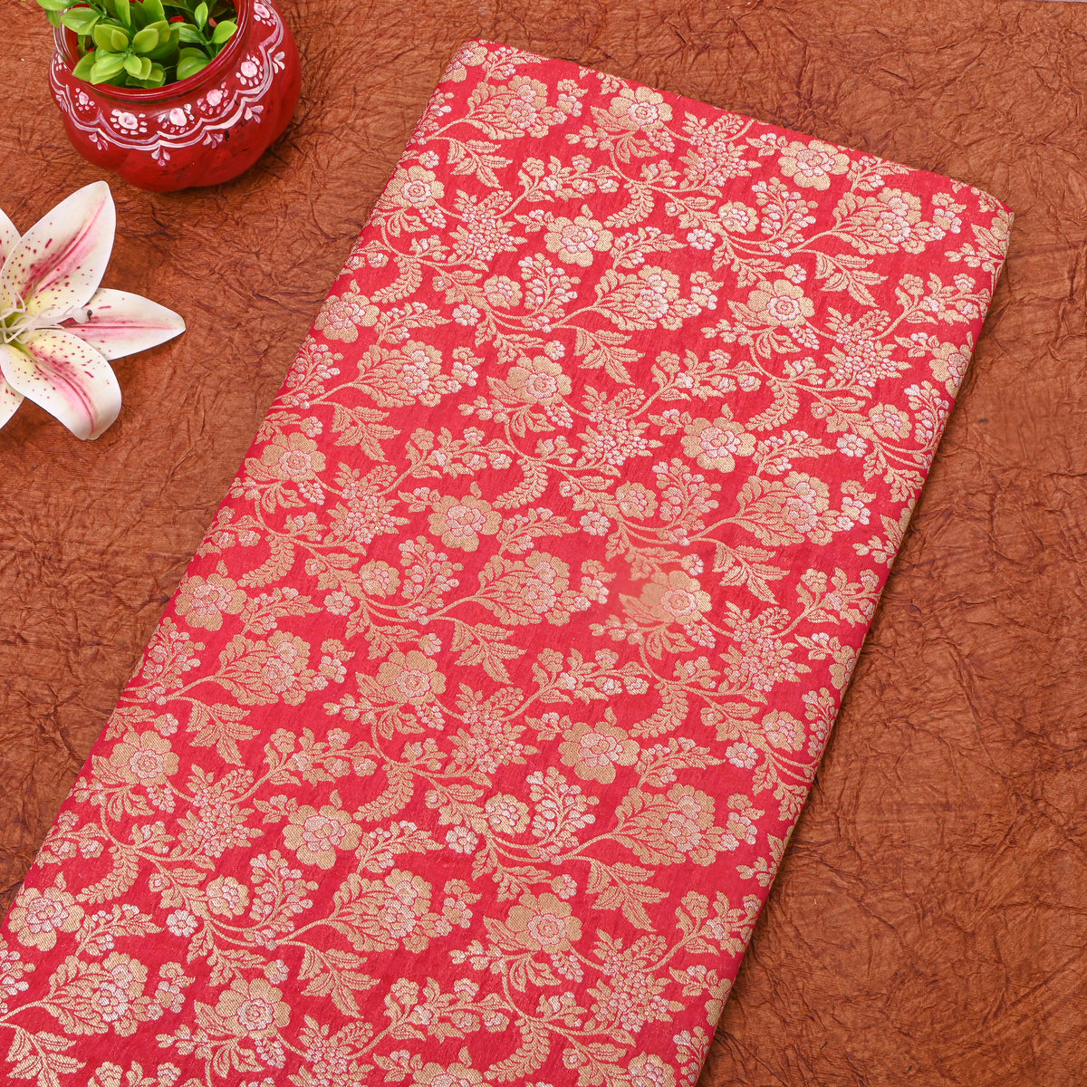 Red Dual Tone Zari Striped Banarasi Silk Fabric