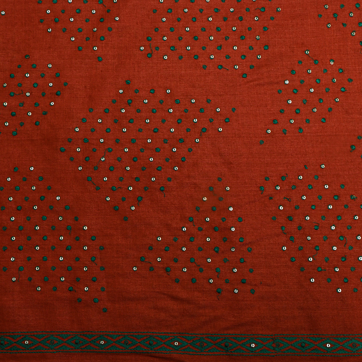 Dark Rust Orange Geometric Thread Work Tussar Fabric