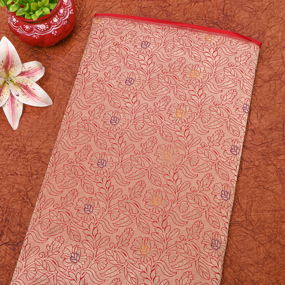 Golden Salmon Red With Gold Zari Floral Self Weave Jamawar Silk Fabric