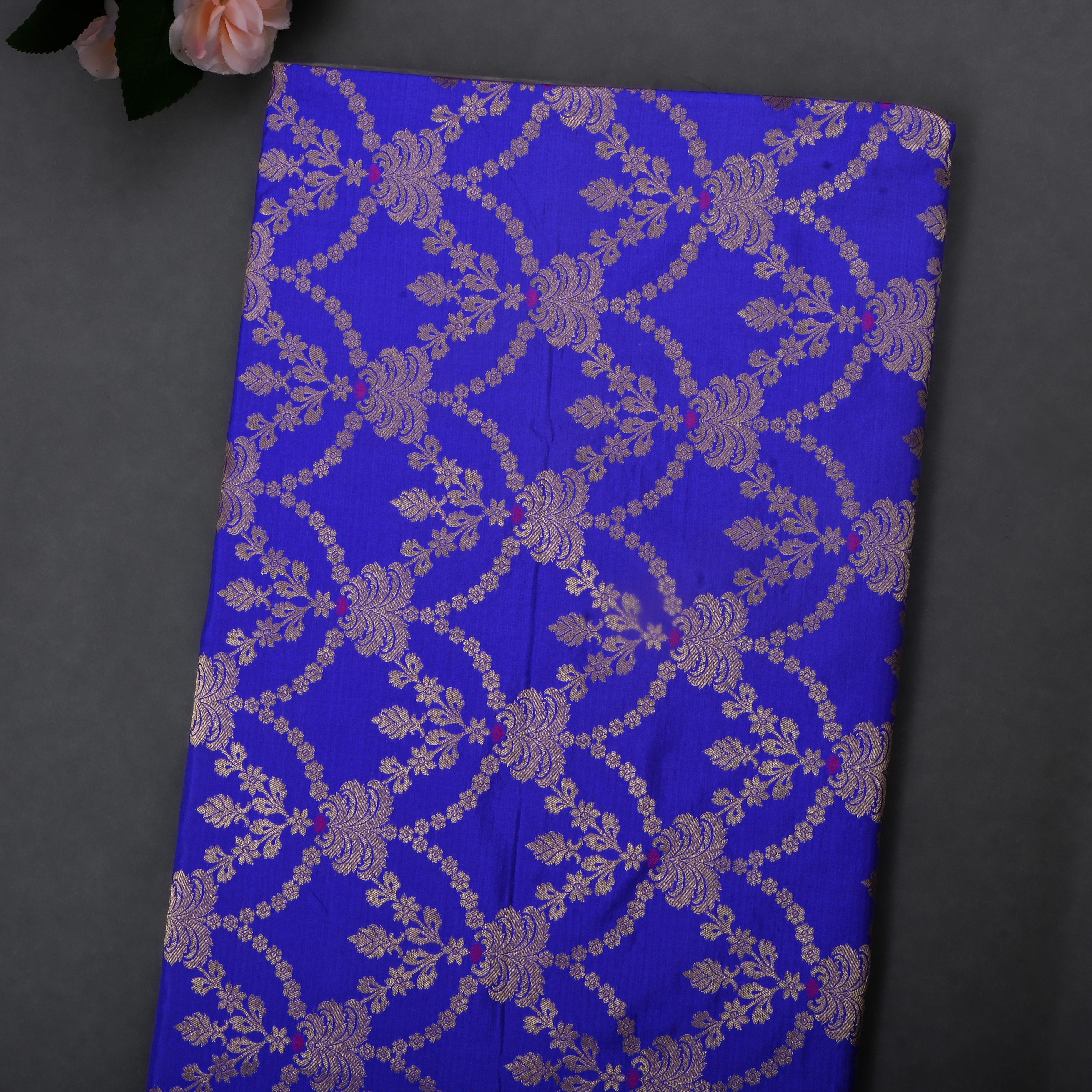 Sapphire Blue Jamawar Silk Fabric With Scallop Design