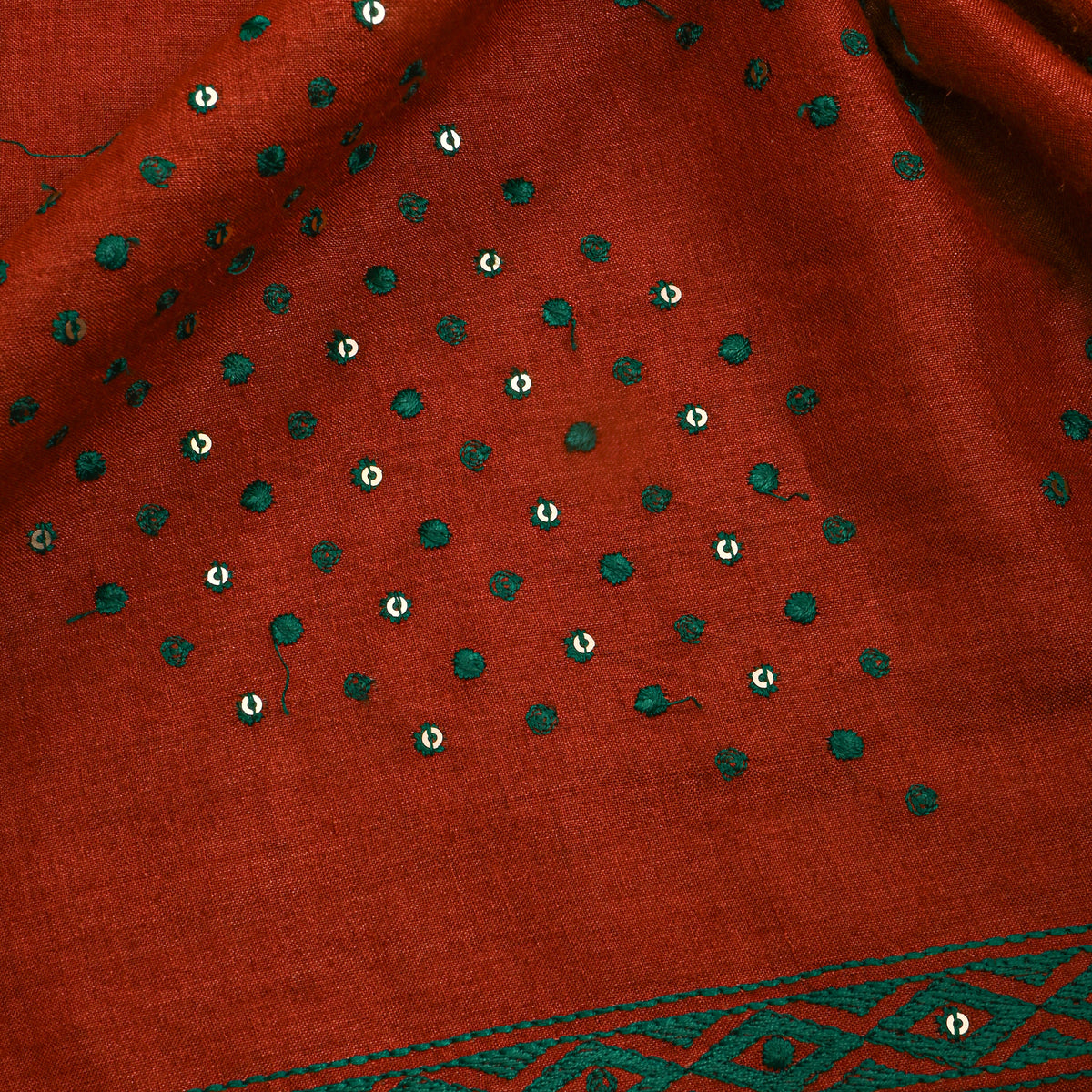 Dark Rust Orange Geometric Thread Work Tussar Fabric