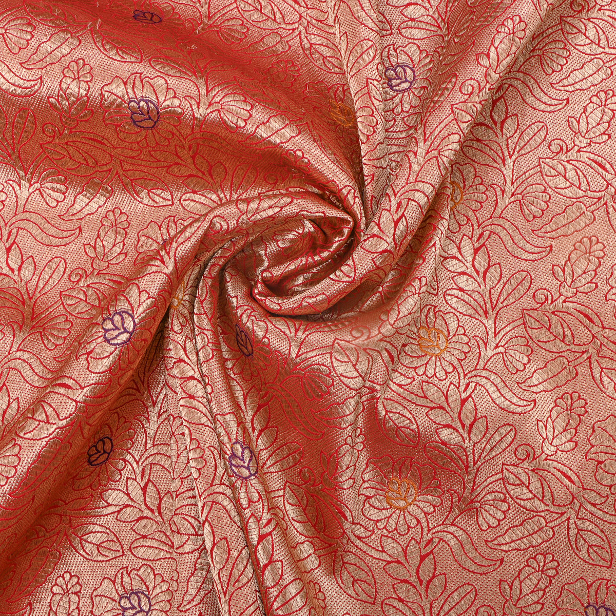 Golden Salmon Red With Gold Zari Floral Self Weave Jamawar Silk Fabric