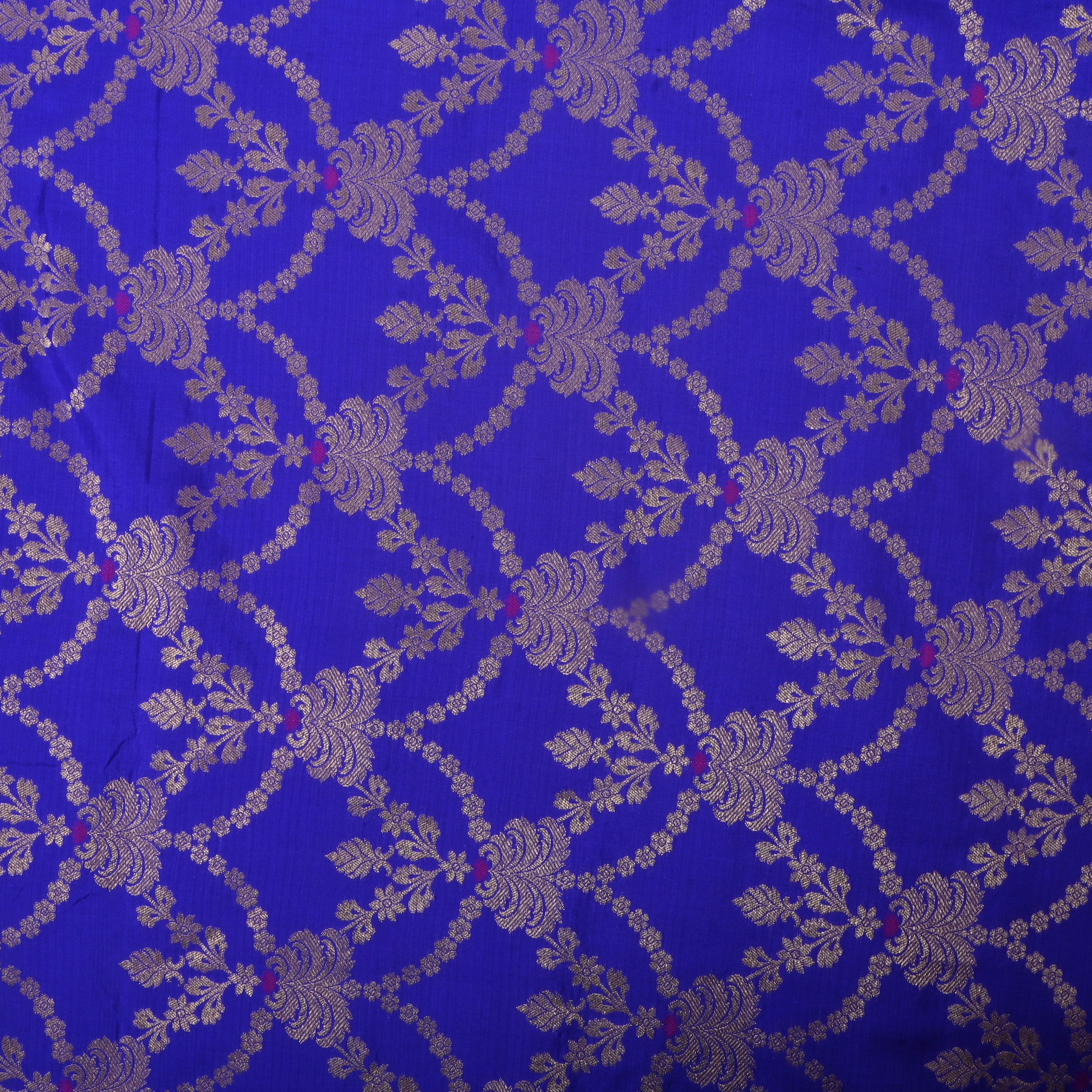 Sapphire Blue Jamawar Silk Fabric With Scallop Design
