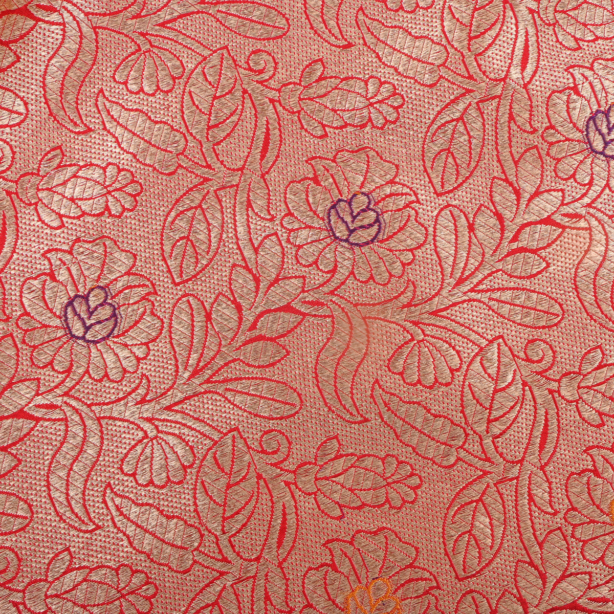 Golden Salmon Red With Gold Zari Floral Self Weave Jamawar Silk Fabric