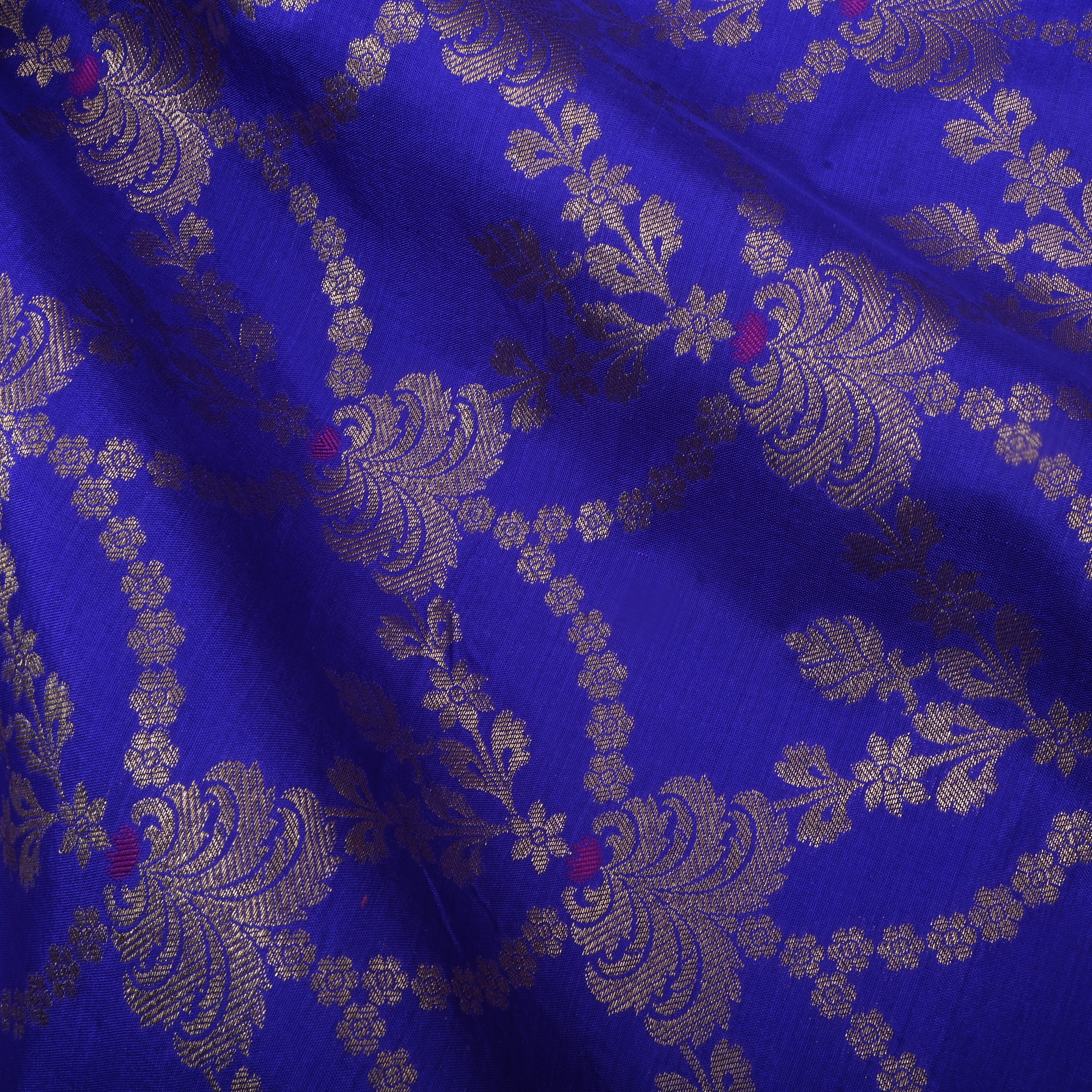 Sapphire Blue Jamawar Silk Fabric With Scallop Design