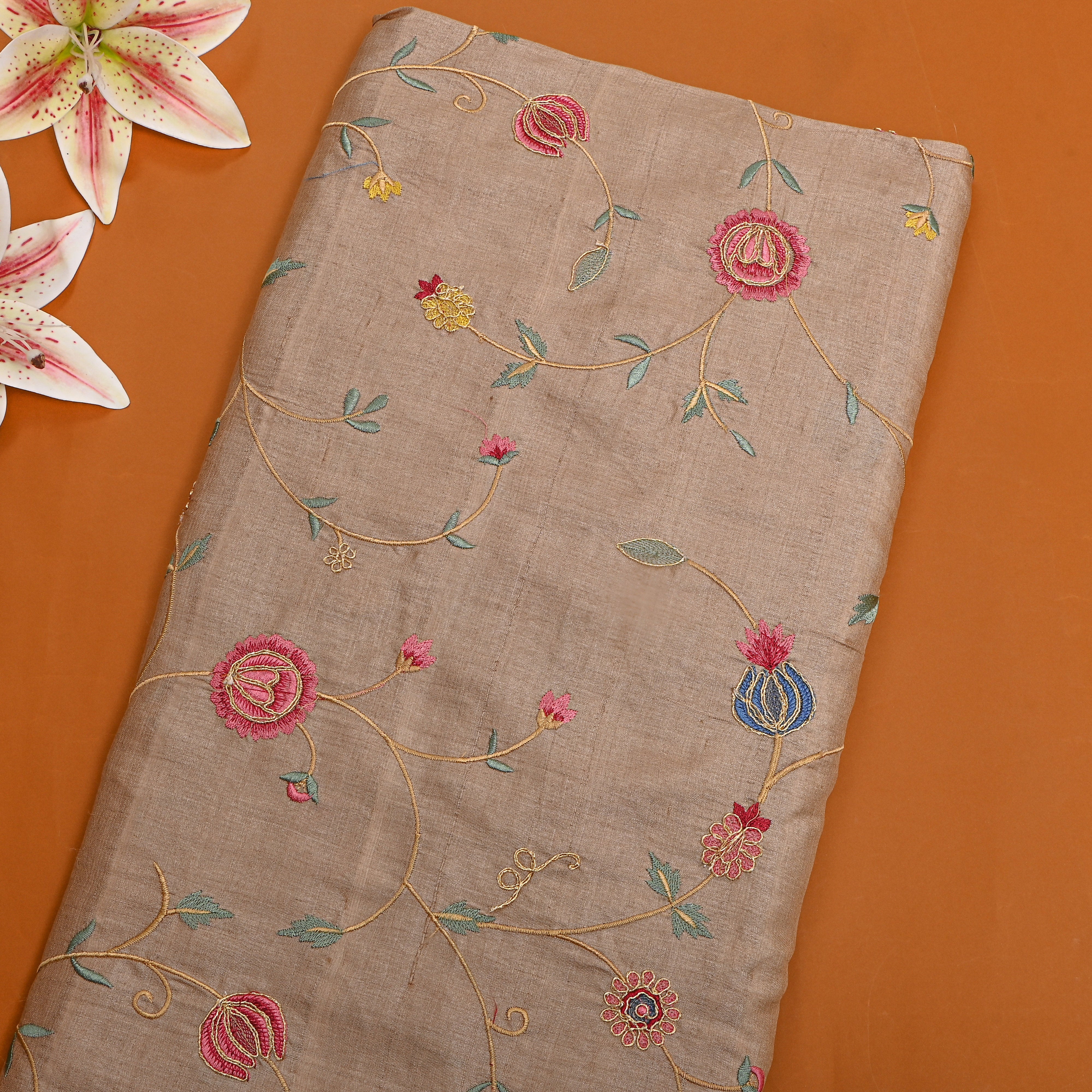 Beige Floral Jaal Thread Work Tussar Fabric