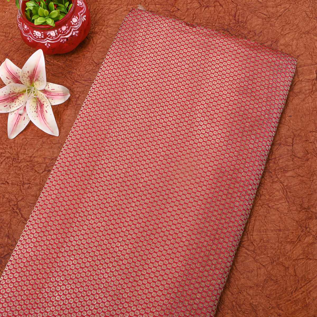 Cherry Red Gold Zari Butti Jamawar Silk Fabric