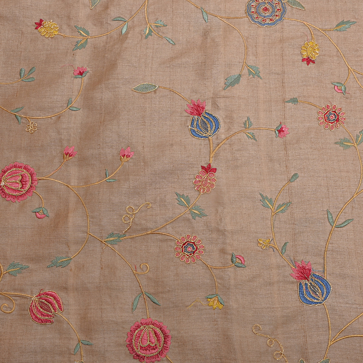 Beige Floral Jaal Thread Work Tussar Fabric