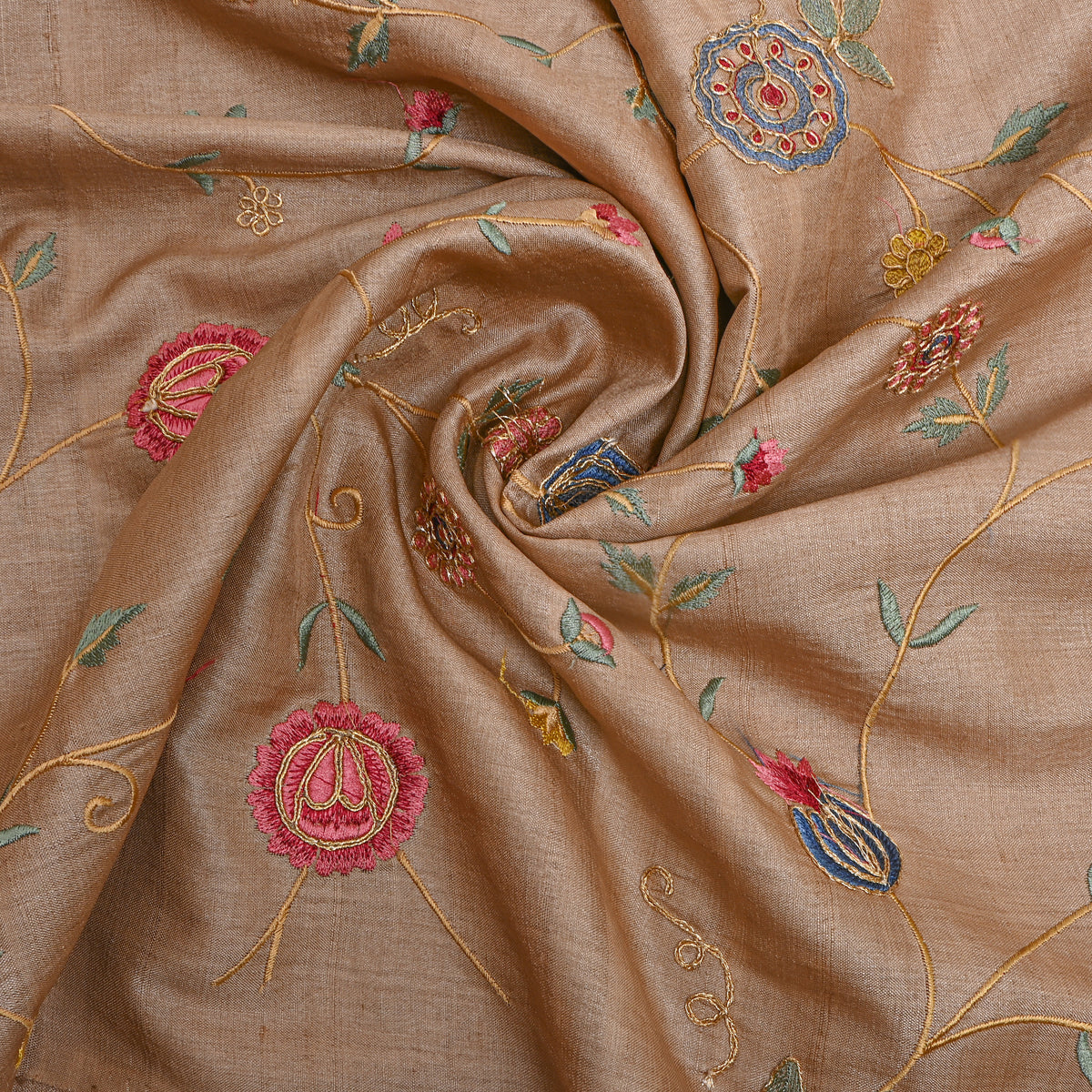 Beige Floral Jaal Thread Work Tussar Fabric