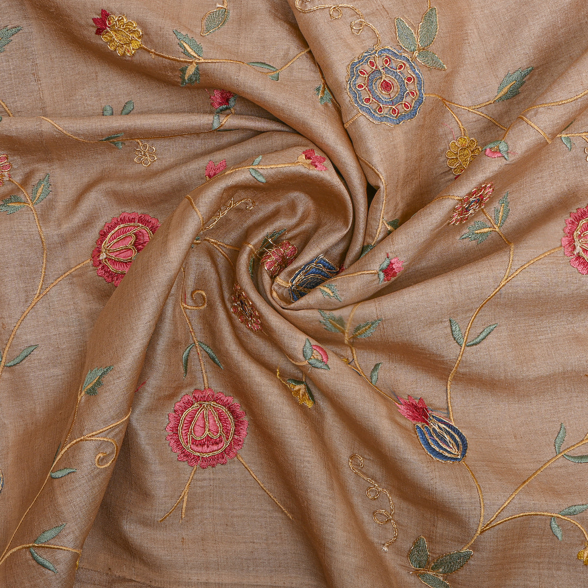 Beige Floral Jaal Thread Work Tussar Fabric