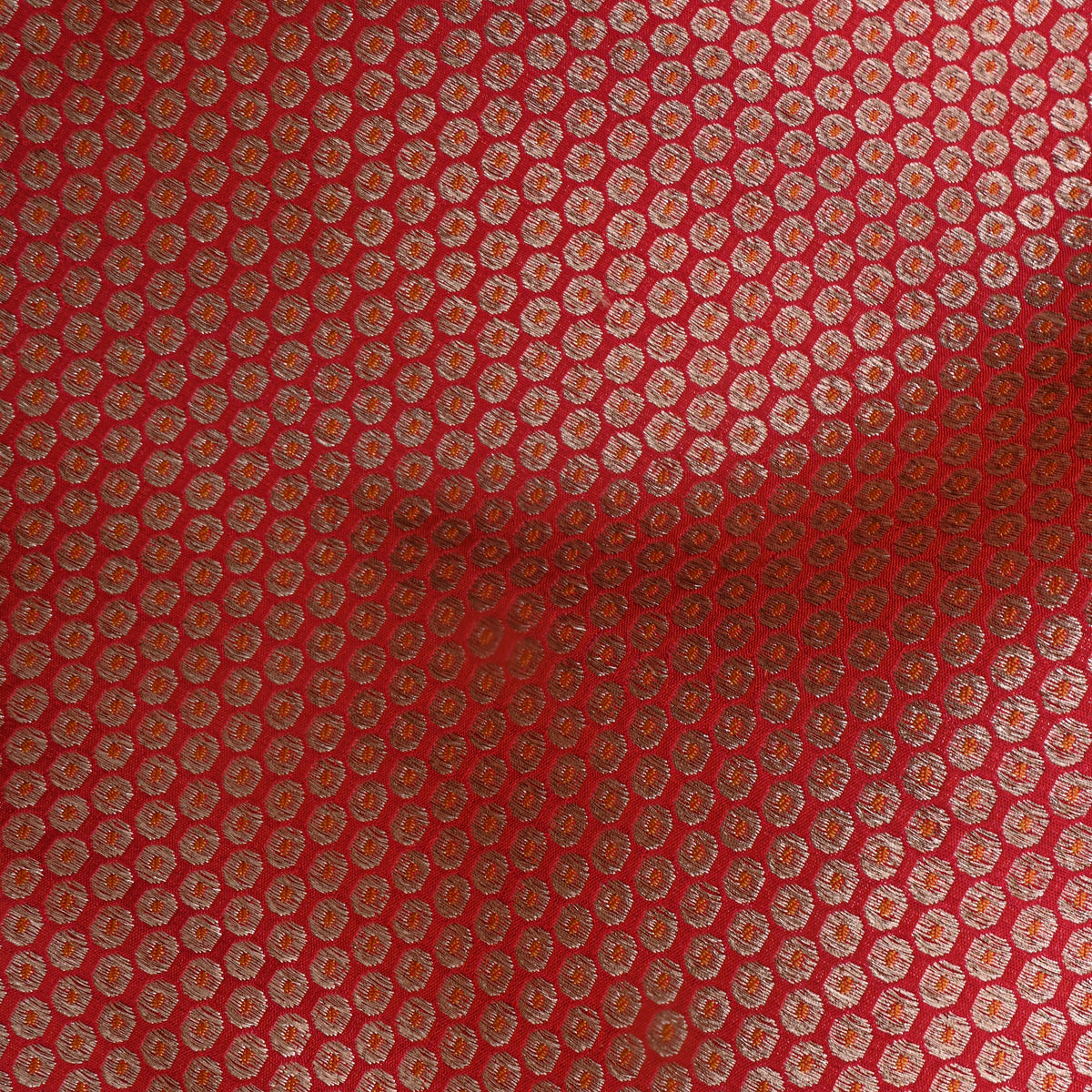 Cherry Red Gold Zari Butti Jamawar Silk Fabric