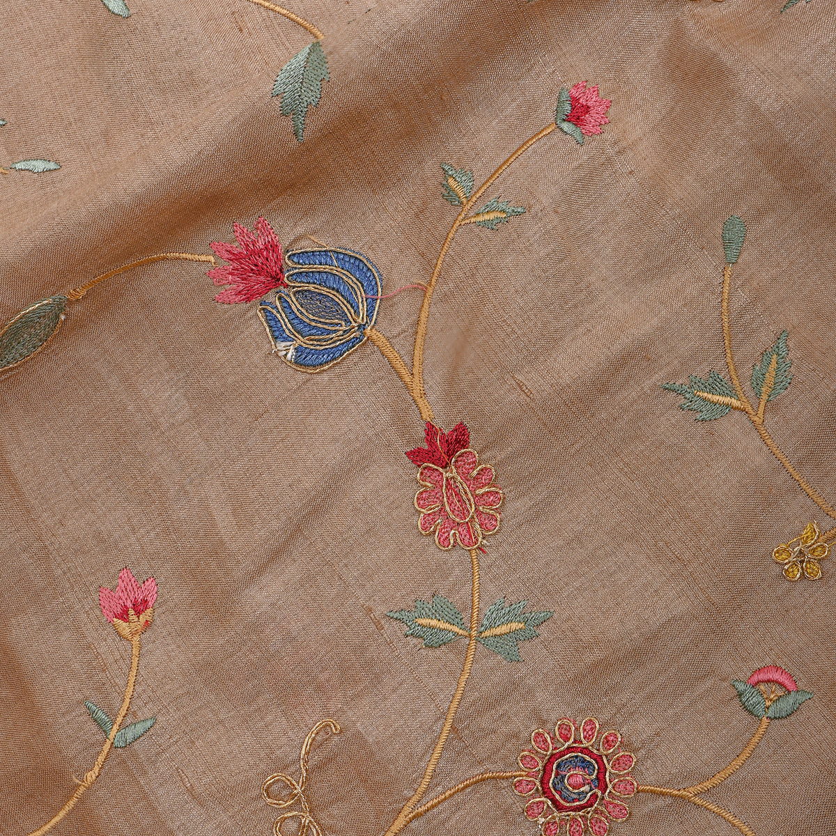 Beige Floral Jaal Thread Work Tussar Fabric