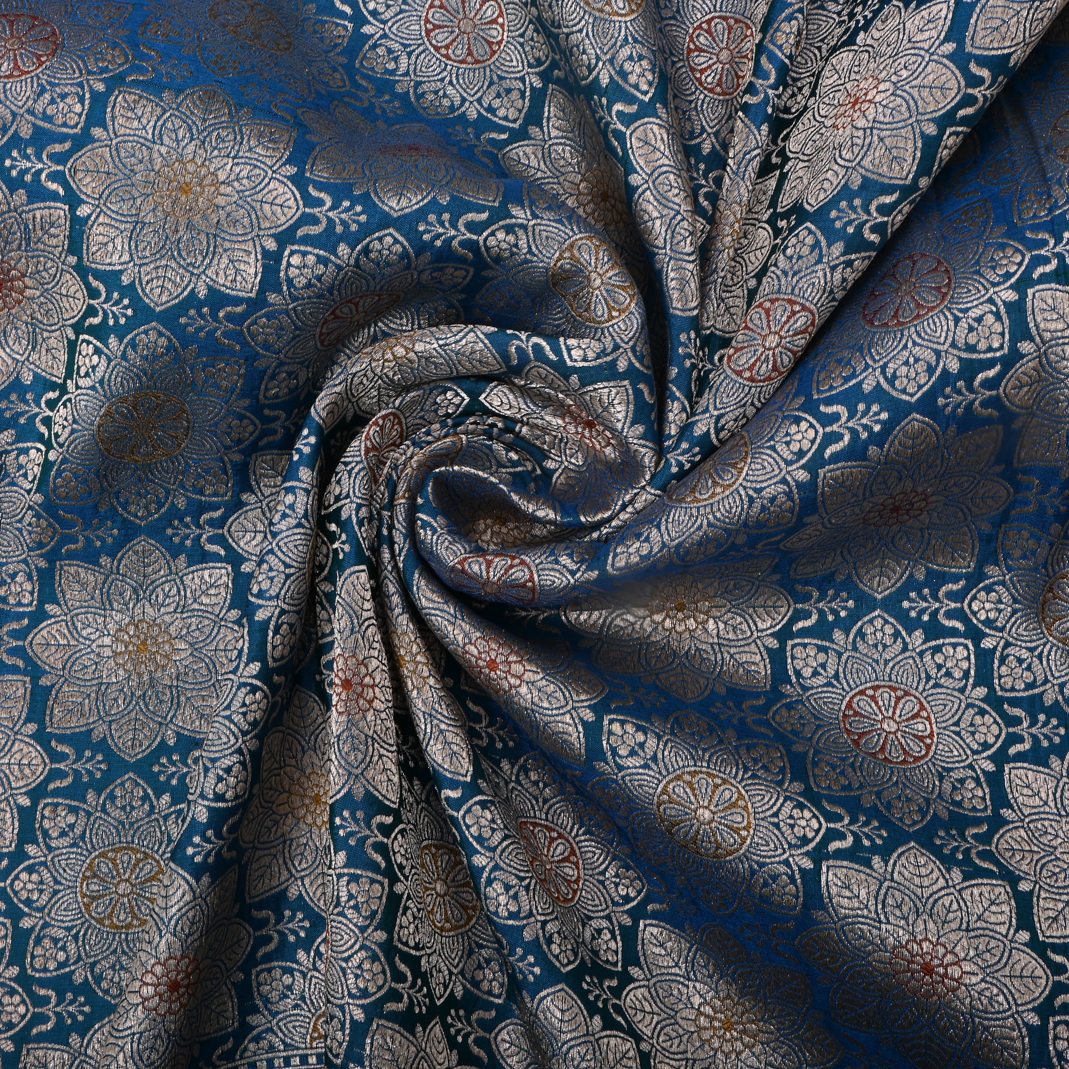 Chathams Blue Jamawar Silk Fabric With Floral Design