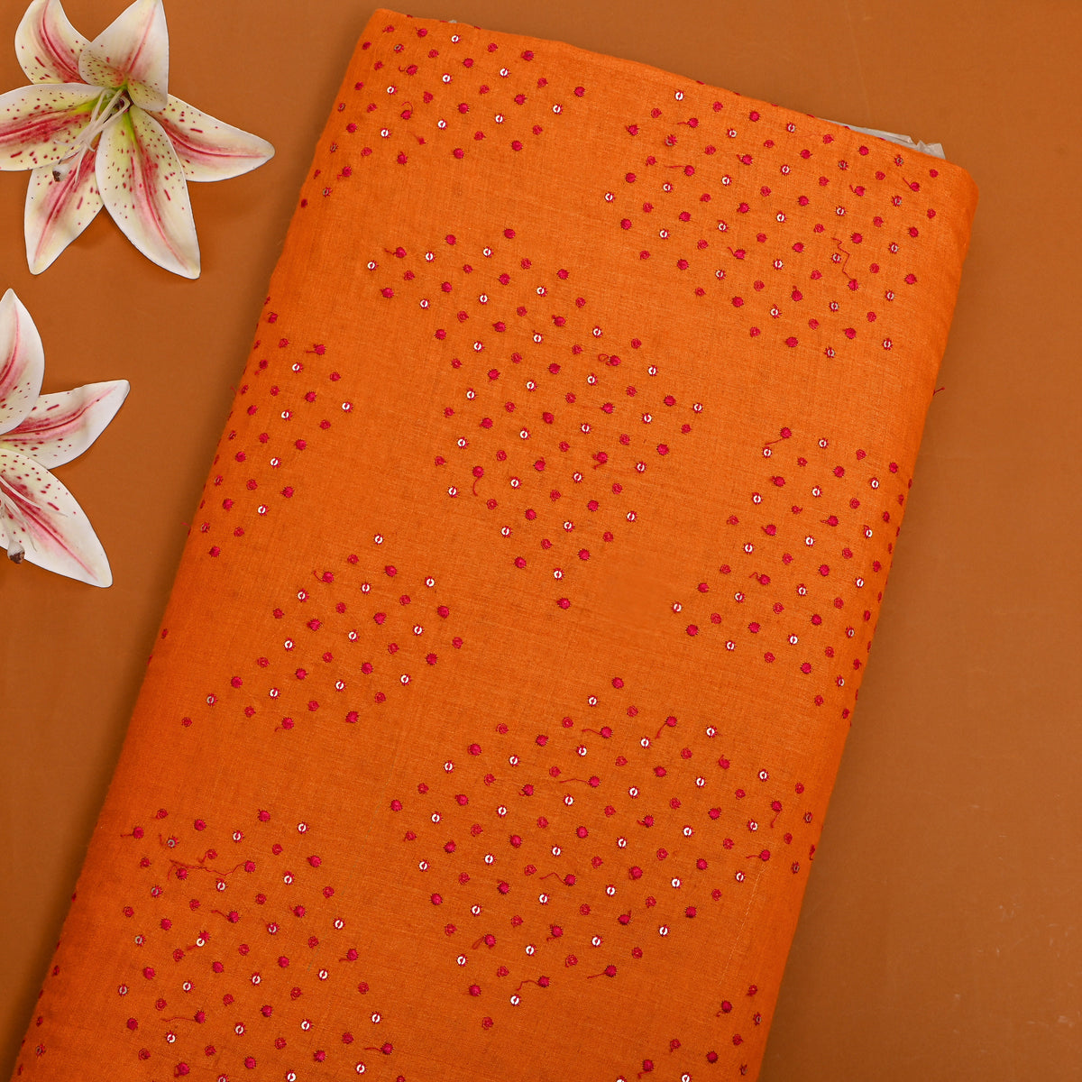 Amber Orange Geometric Thread Work Tussar Fabric