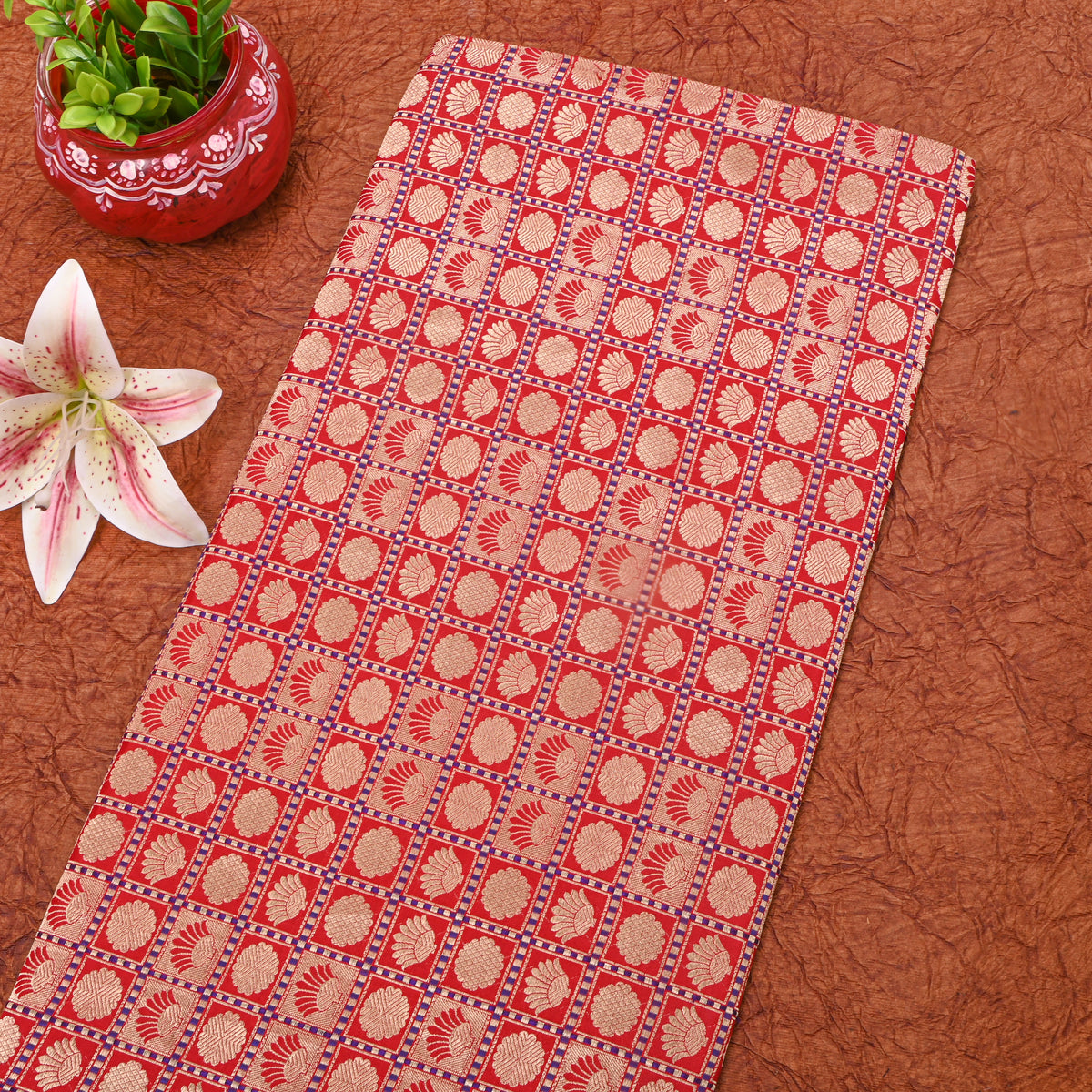 Bright Orange Self Woven Jamawar Silk Fabric