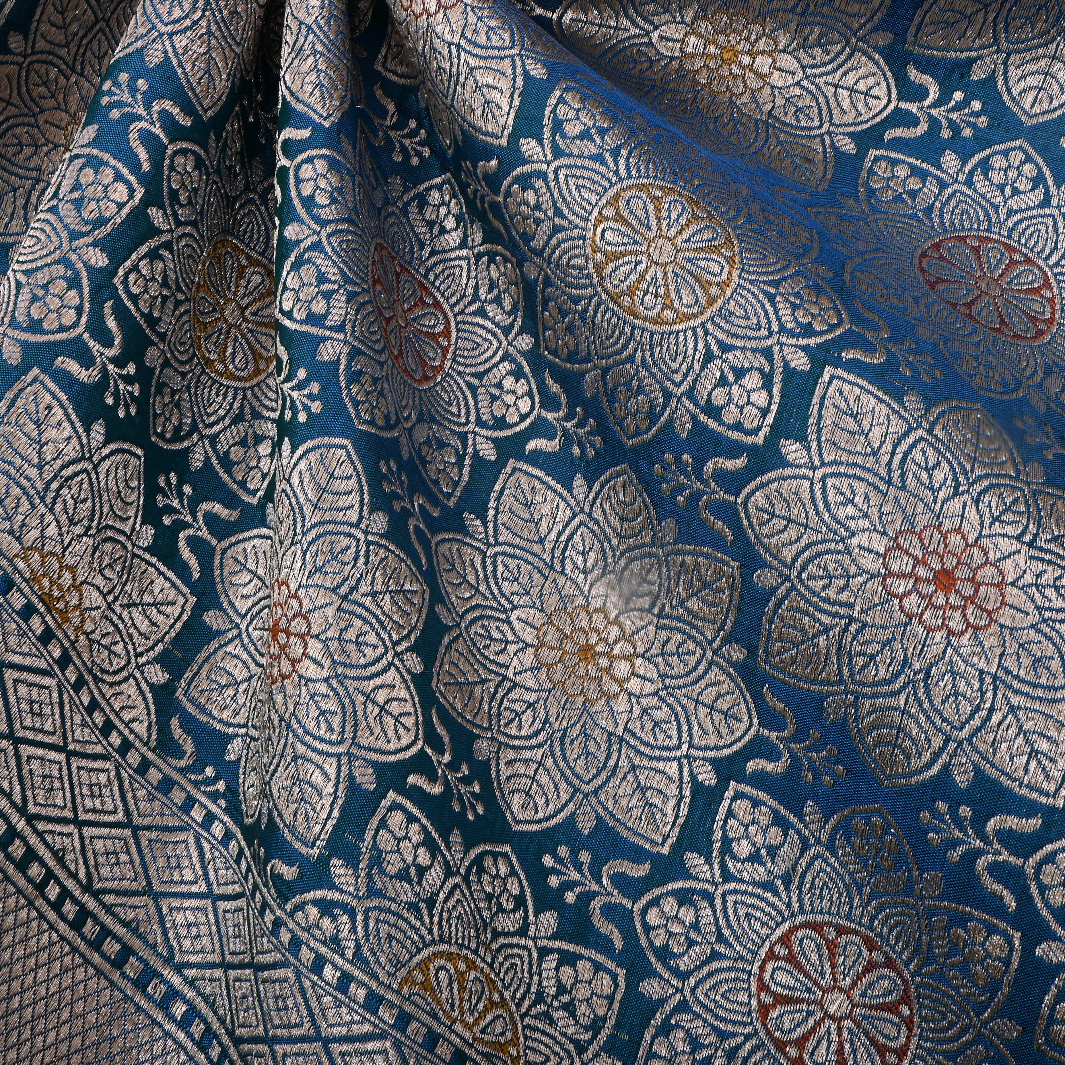 Chathams Blue Jamawar Silk Fabric With Floral Design